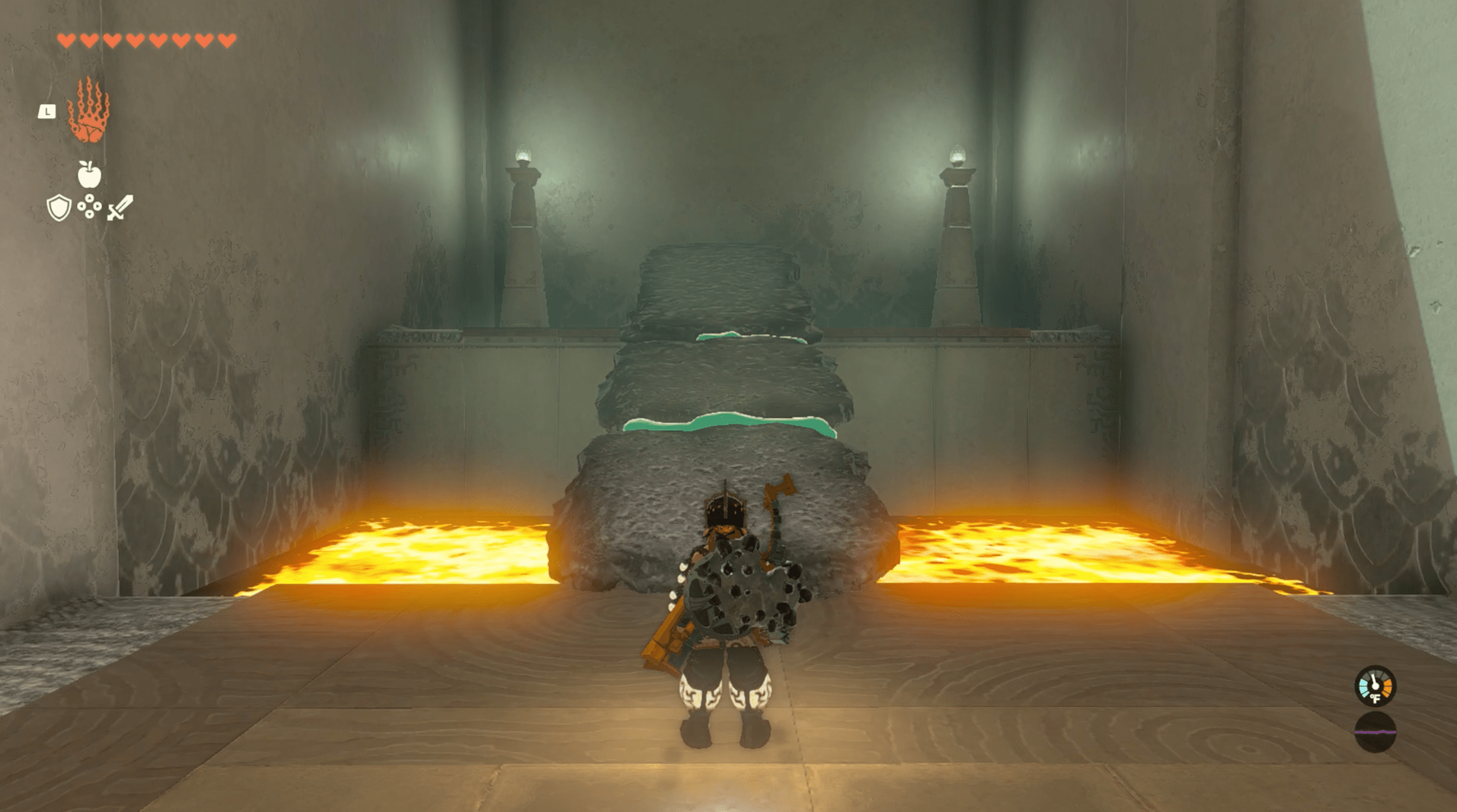 An image of Link in a shrine in The Legend of Zelda: Tears of the Kingdom. There is a bridge made of lava slabs that will help him get up to a chest on a higher ledge.