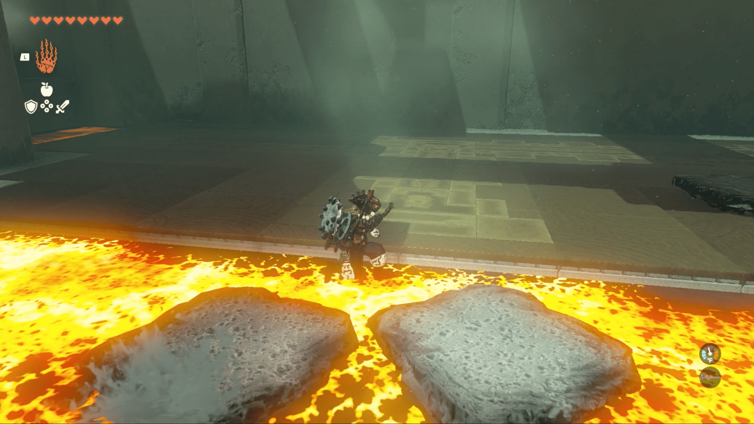 An image of Link jumping across lava slabs in The Legend of Zelda: Tears of the Kingdom.