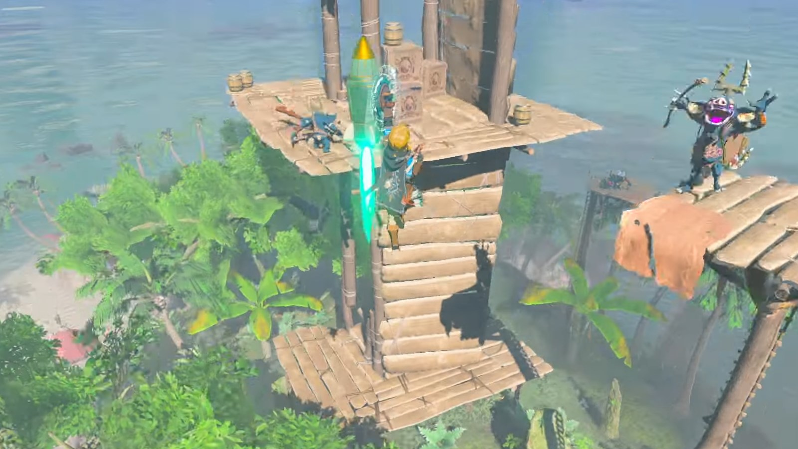 Link blasting off into the sky while attached to a rocket in The Legend of Zelda Tears of the Kingdom