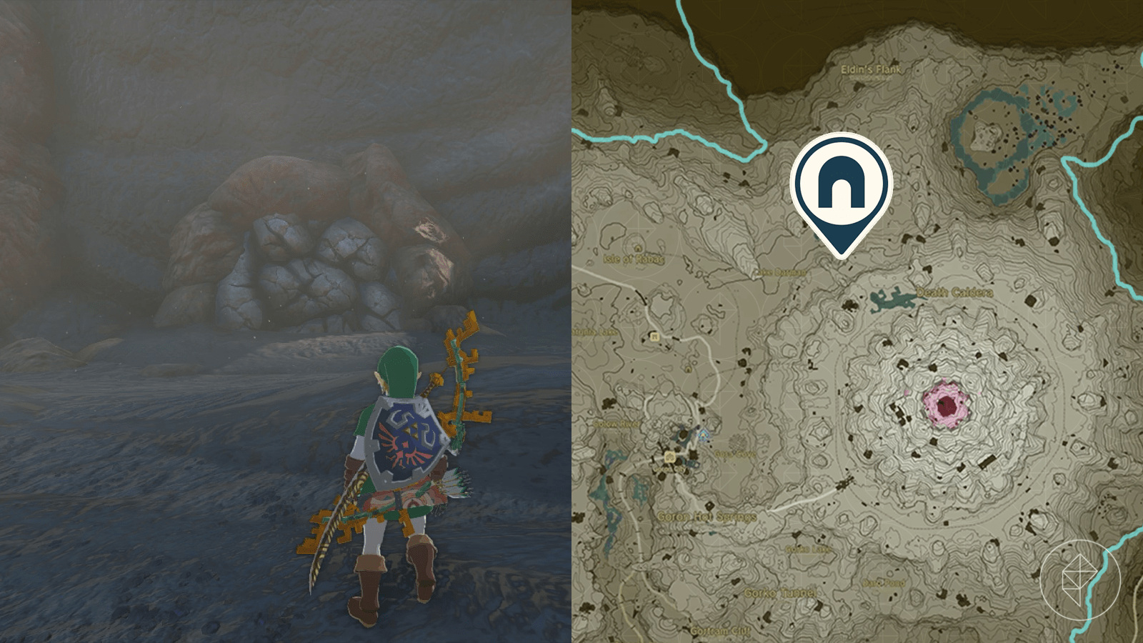 Lizard’s Burrow entrance marked on the map of Hyrule in The Legend of Zelda: Tears of the Kingdom.