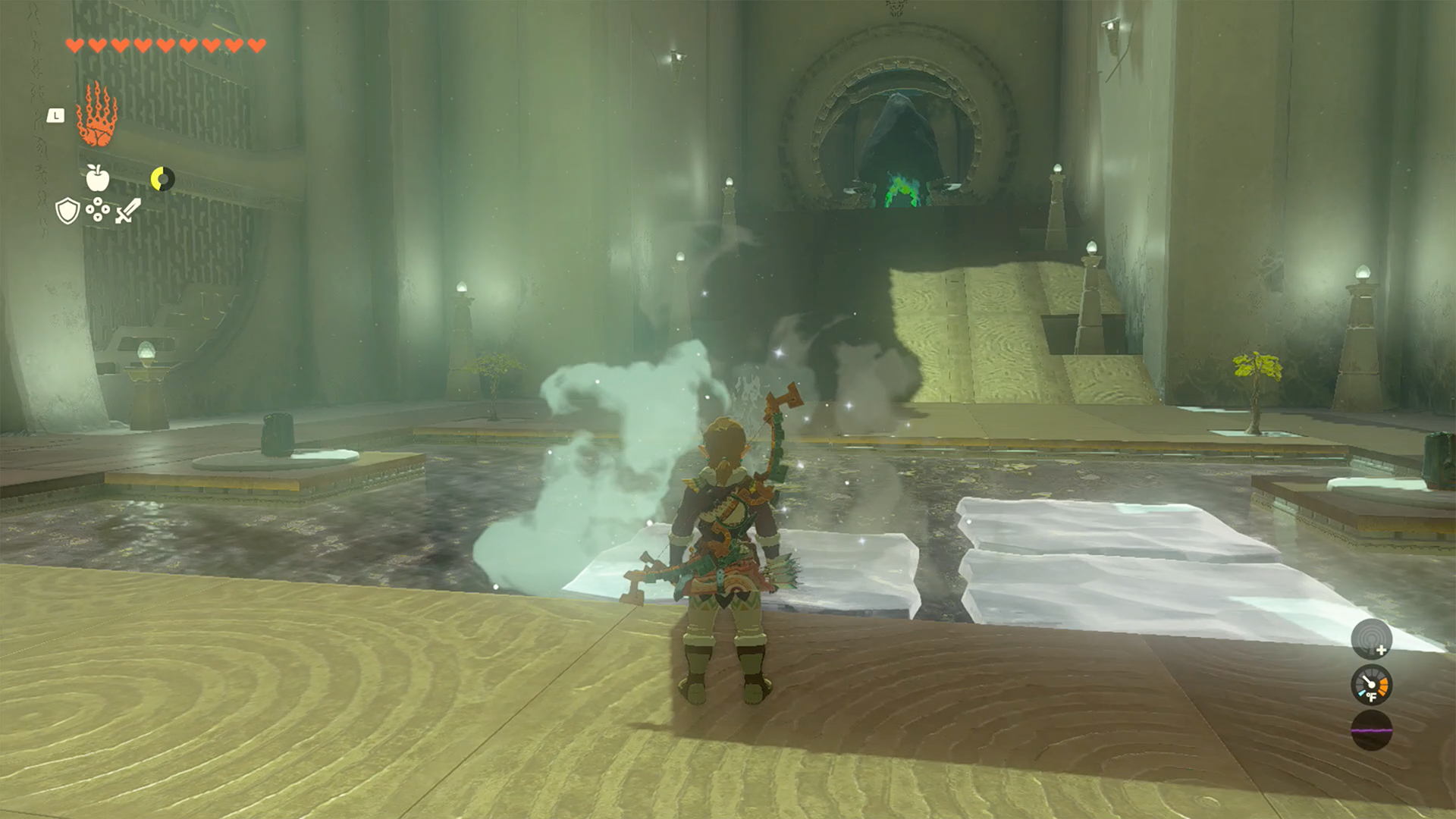 Link stands before a pool with floating ice plates in Mayanas Shrine in The Legend of Zelda: Tears of the Kingdom