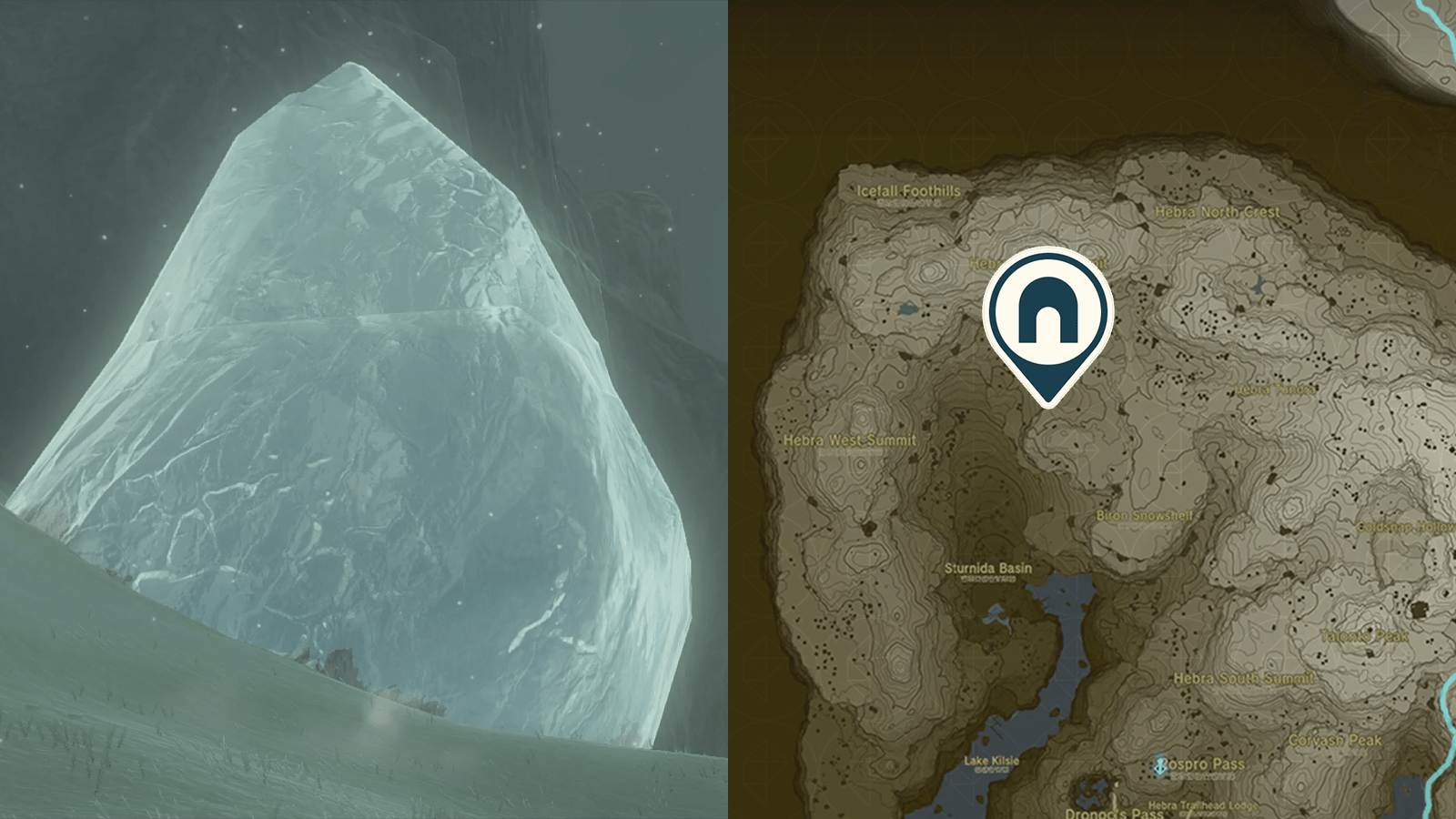 The entrance to the North Biron Snowshelf cave blocked off by a huge chunk of ice, which is marked on the map of Hyrule in Zelda: Tears of the Kingdom.