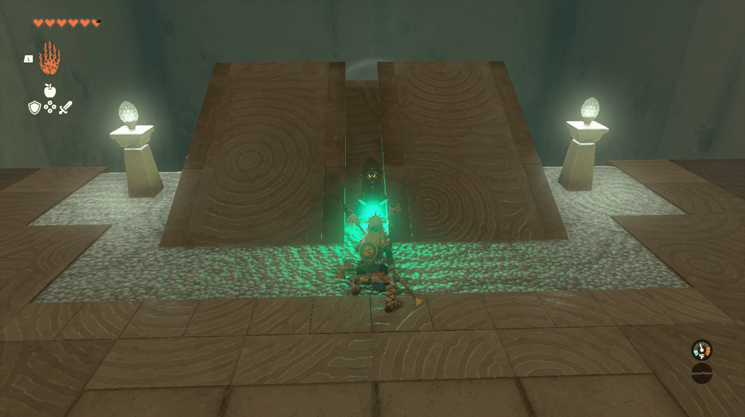An image of Link in the Oromuwa shrine in The Legend of Zelda: Tears of the Kingdom. He is firing a rocket off of a ramp.