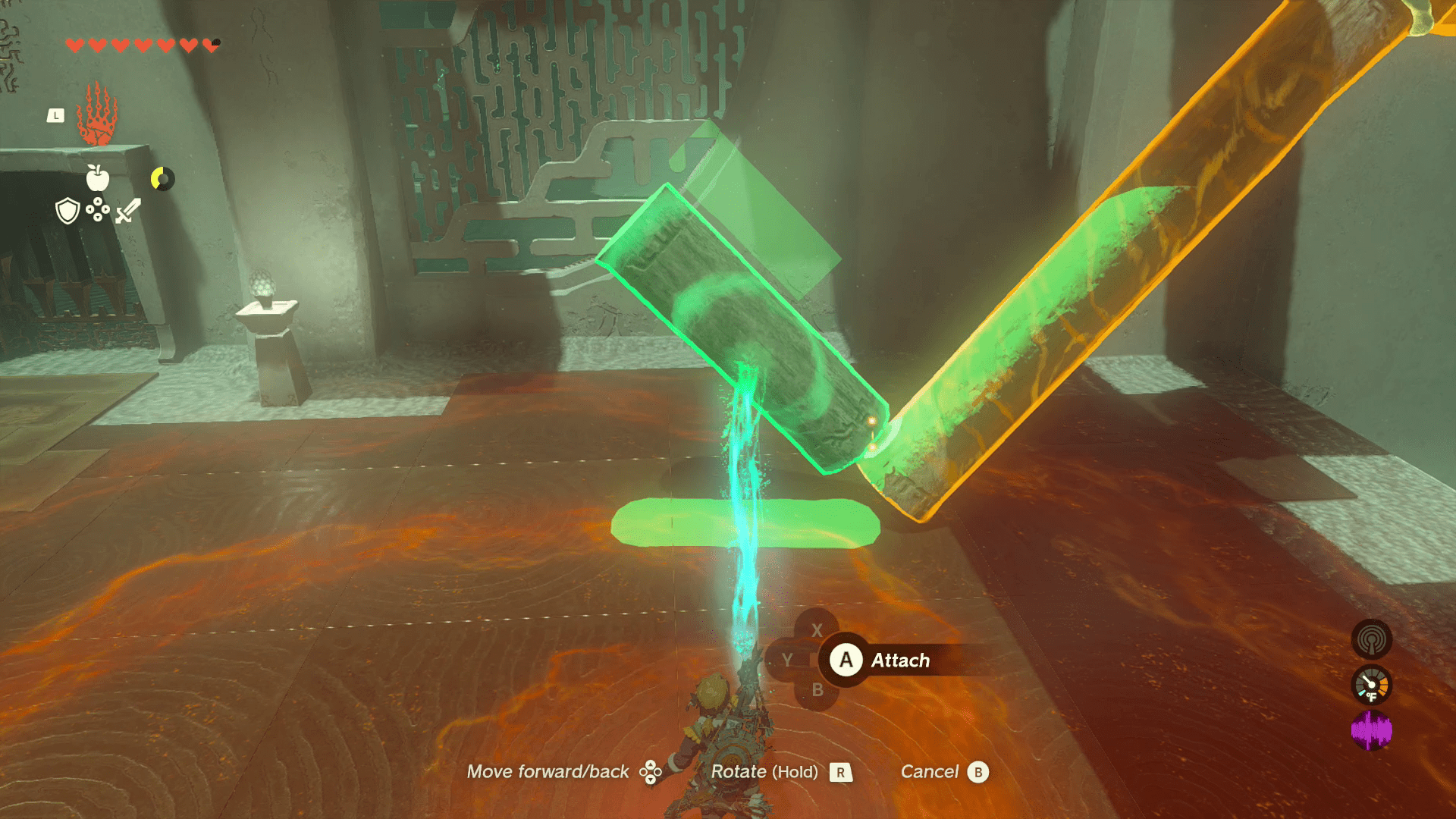 Link uses Ultrahand to attach a smaller log to a larger log at a perpendicular angle, forming something that looks a bit like a mallet