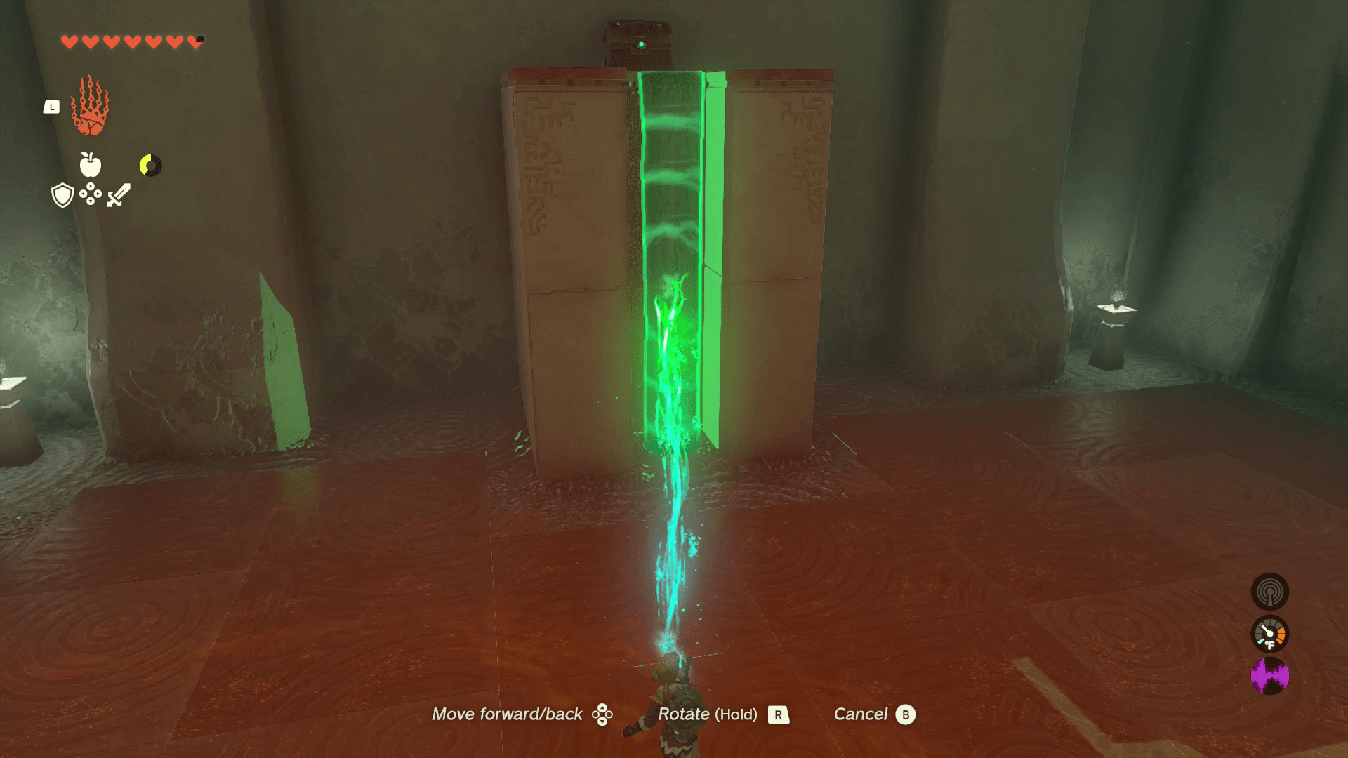 Using Ultrahand, Link balances a log in a divot on a platform that has a treasure chest on top of it
