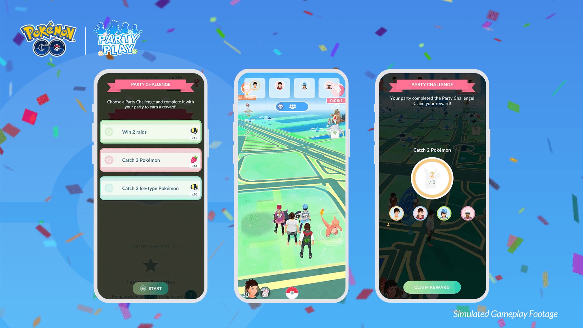 Three phone screenshots showing the Party Challenge feature in Pokémon Go’s Party Play