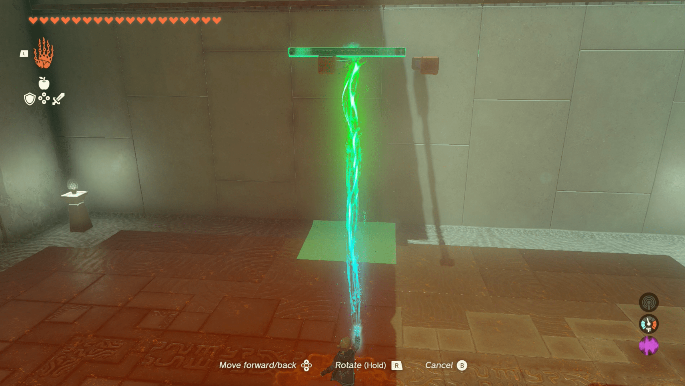 Link uses Ultrahand to place a metal panel onto support beams on a shrine wall in Zelda: Tears of the Kingdom.
