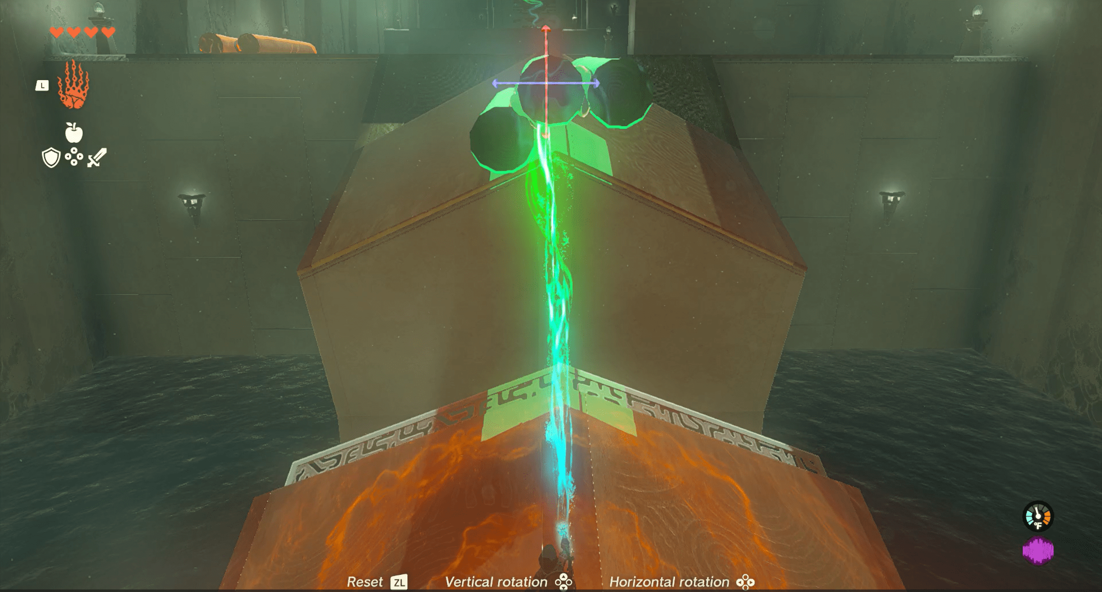 The Legend of Zelda: Tears of the Kingdom Tajikats Shrine. Three logs are being placed over a gap to be used as a bridge.