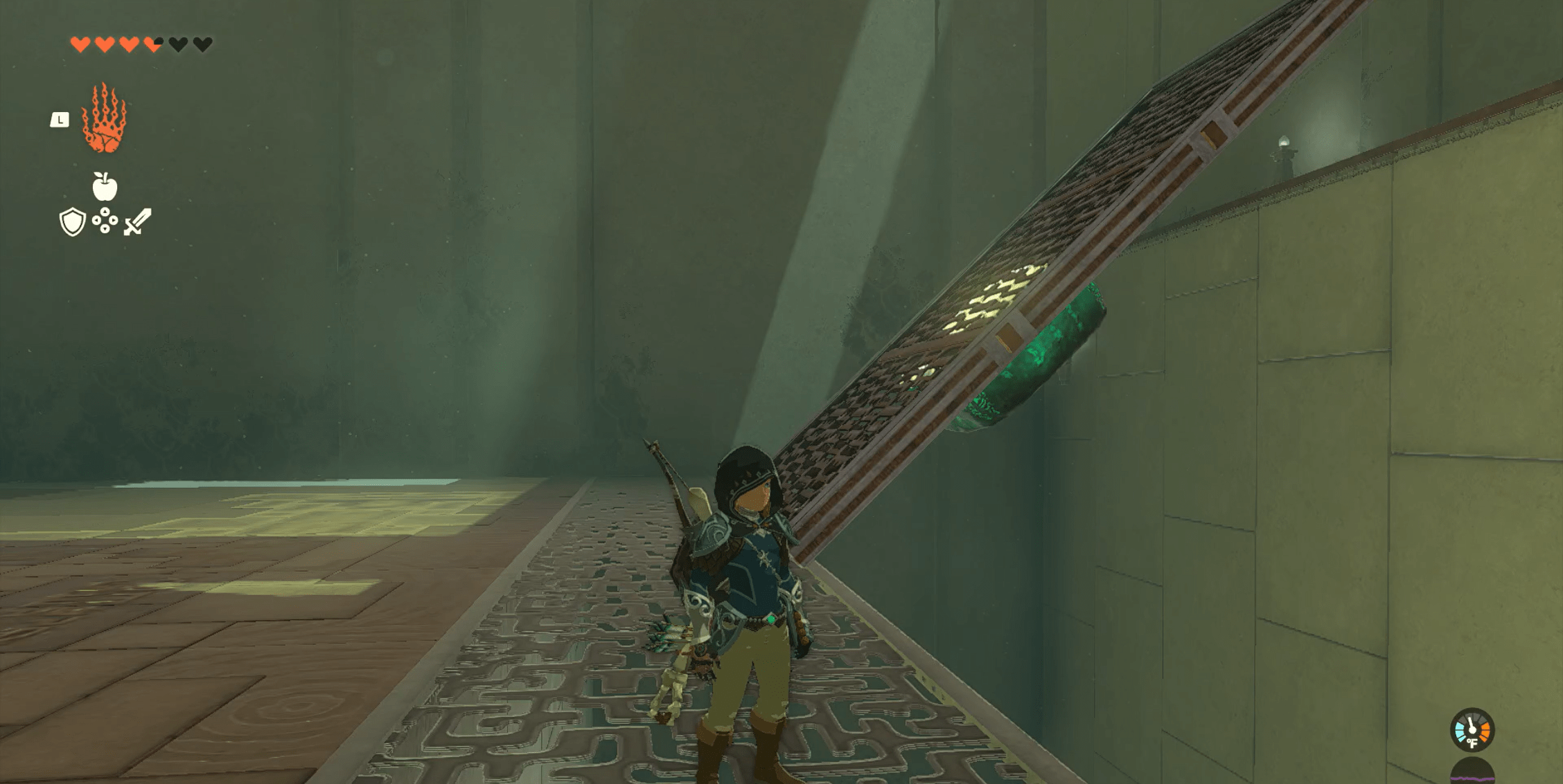 Link standing in front of a makeshift bridge in the Ihen-a Shrine in The Legend of Zelda: Tears of the Kingdom