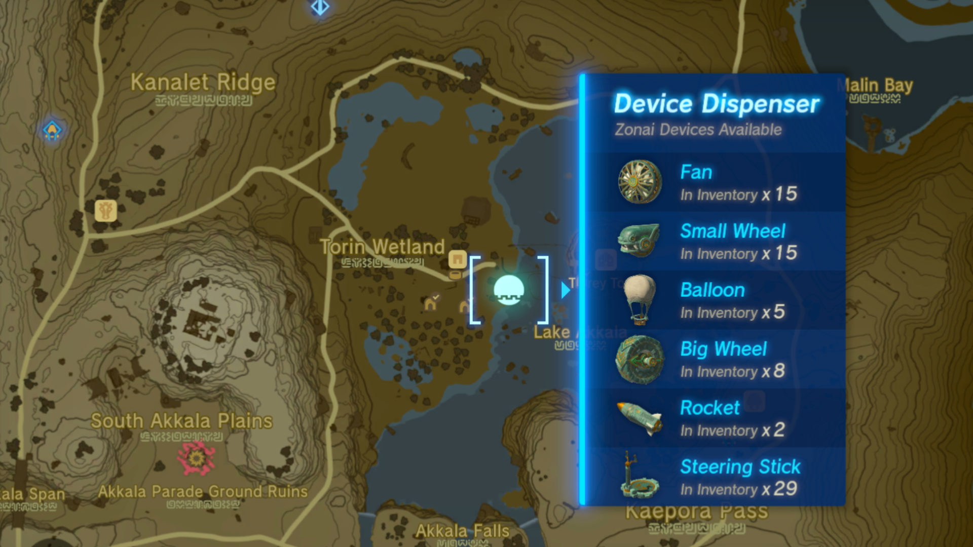 The inventory of the Device Dispenser near Tarrey Town in The Legend of Zelda: Tears of the Kingdom