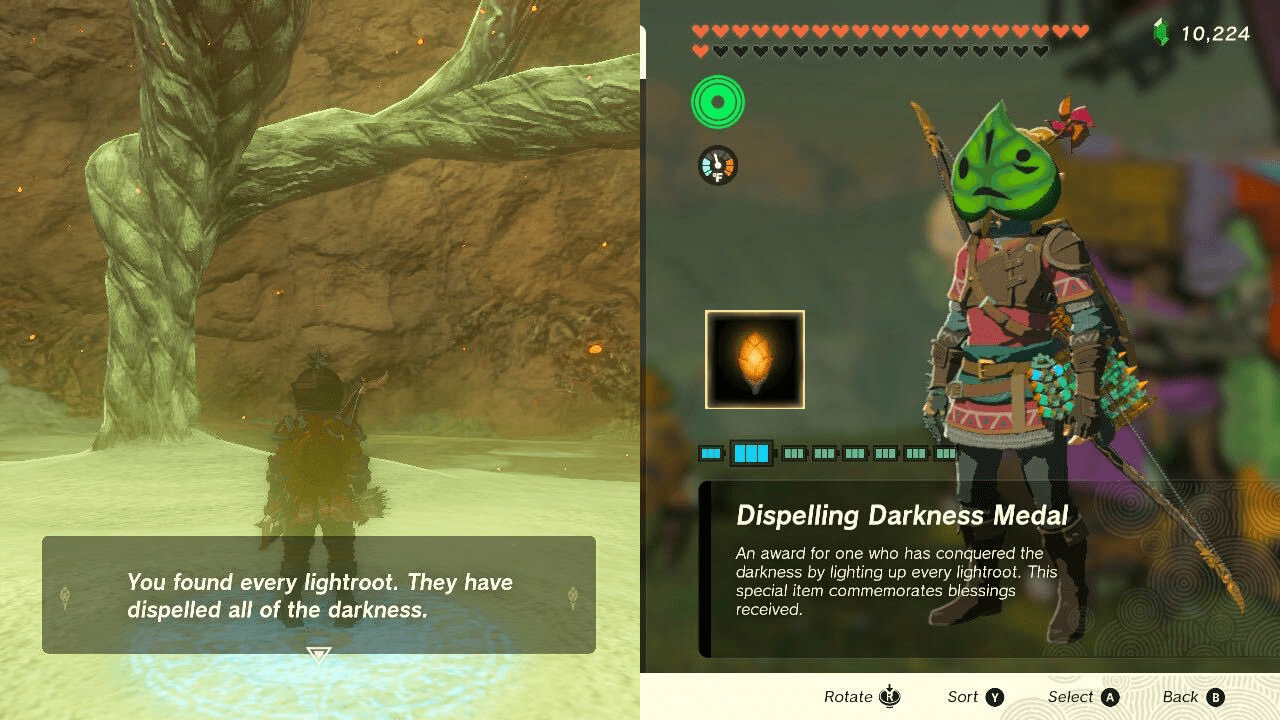 Link receiving the Dispelling Darkness Medal after unlocking all 120 lightroots found in the Depths in The Legend of Zelda: Tears of the Kingdom.