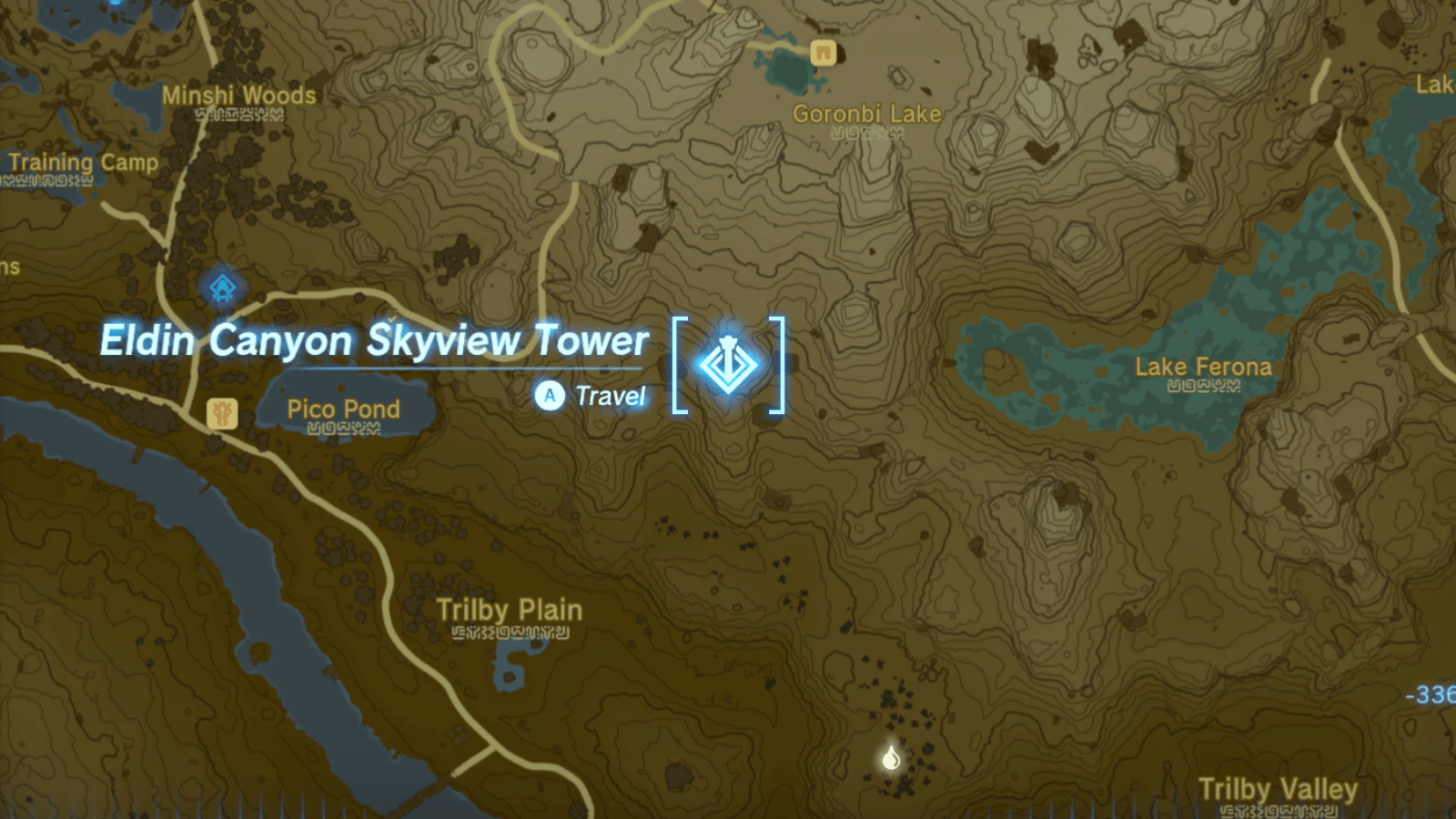 Eldin Canyon Skyview Tower location on the map in The Legend of Zelda: Tears of the Kingdom