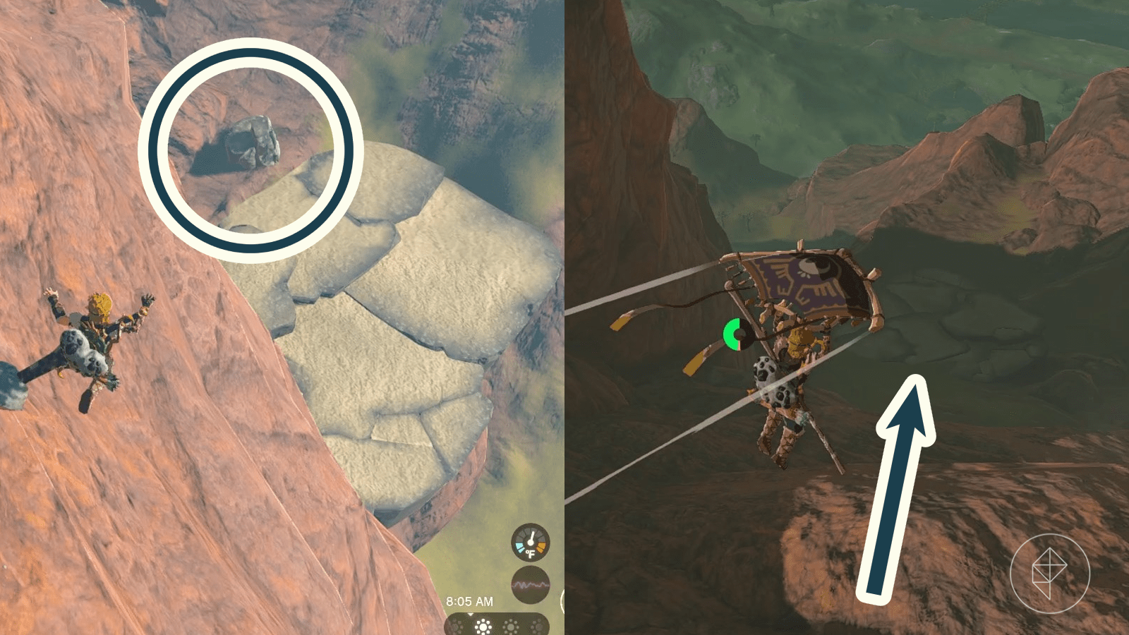 The left half of the image shows Link going down the side of a mountain with rubble at the bottom circled. The right half of the image shows Link paragliding above a mountain range in the same direction an arrow points. These are the rubble landing locations for the Eldin Canyon Skyview Tower in The Legends of Zelda: Tears of the Kingdom
