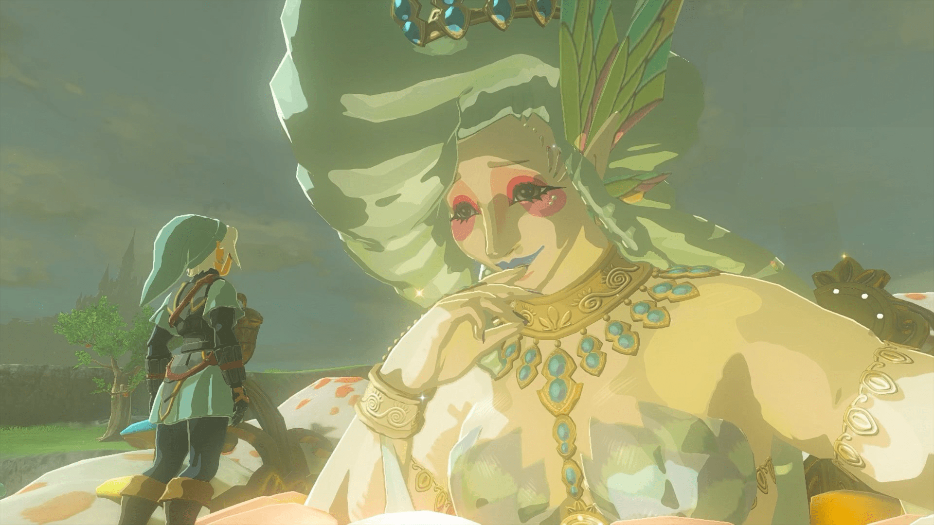 Link wearing the Fierce Deity armor set standing in front of a Great Fairy in The Legend of Zelda: Tears of the Kingdom