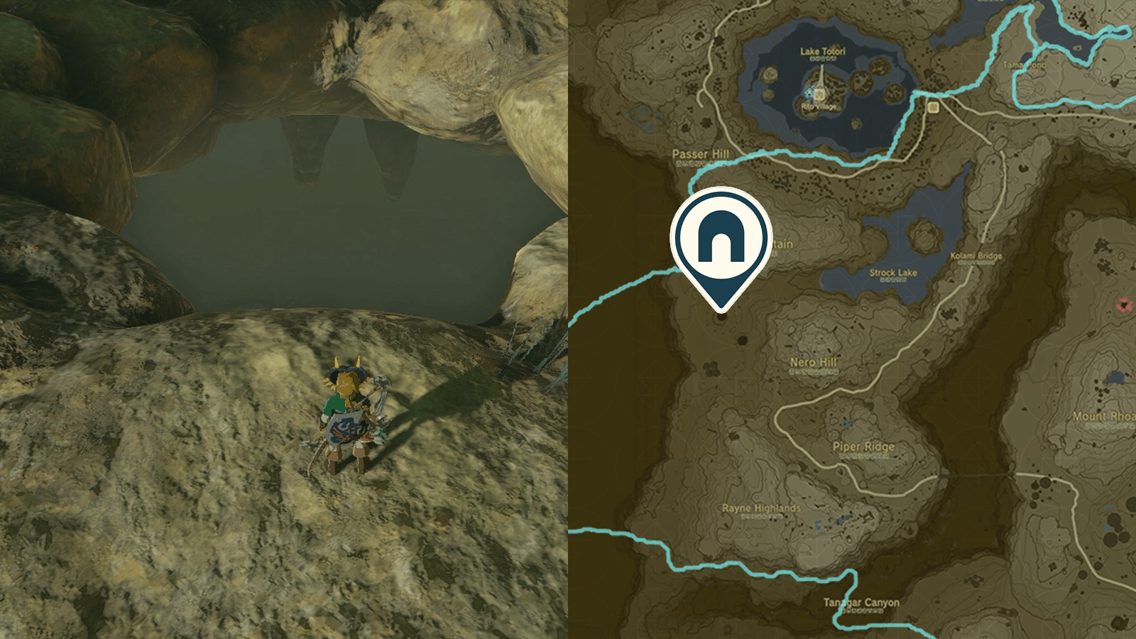 Gisa Crater Cave entrance in the Tabantha Frontier, which is found on the west side of Hyrule in The Legend of Zelda: Tears of the Kingdom.
