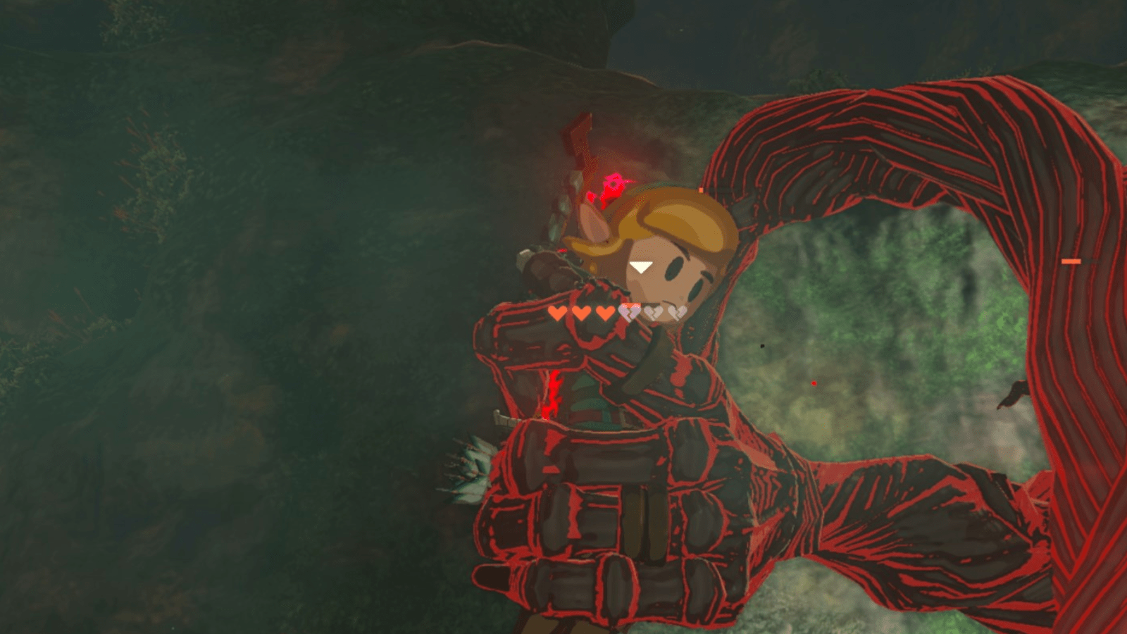 A Gloom Hand grabs Link in a Link’s Awakening costume in The Legend of Zelda: Tears of the Kingdom