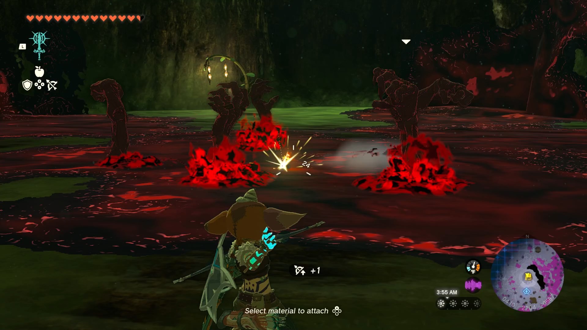 Link shooting a bomb flower arrow into the middle of gloom spawn / gloom hands in the Deku Tree Chasm in Zelda: Tears of the Kingdom.