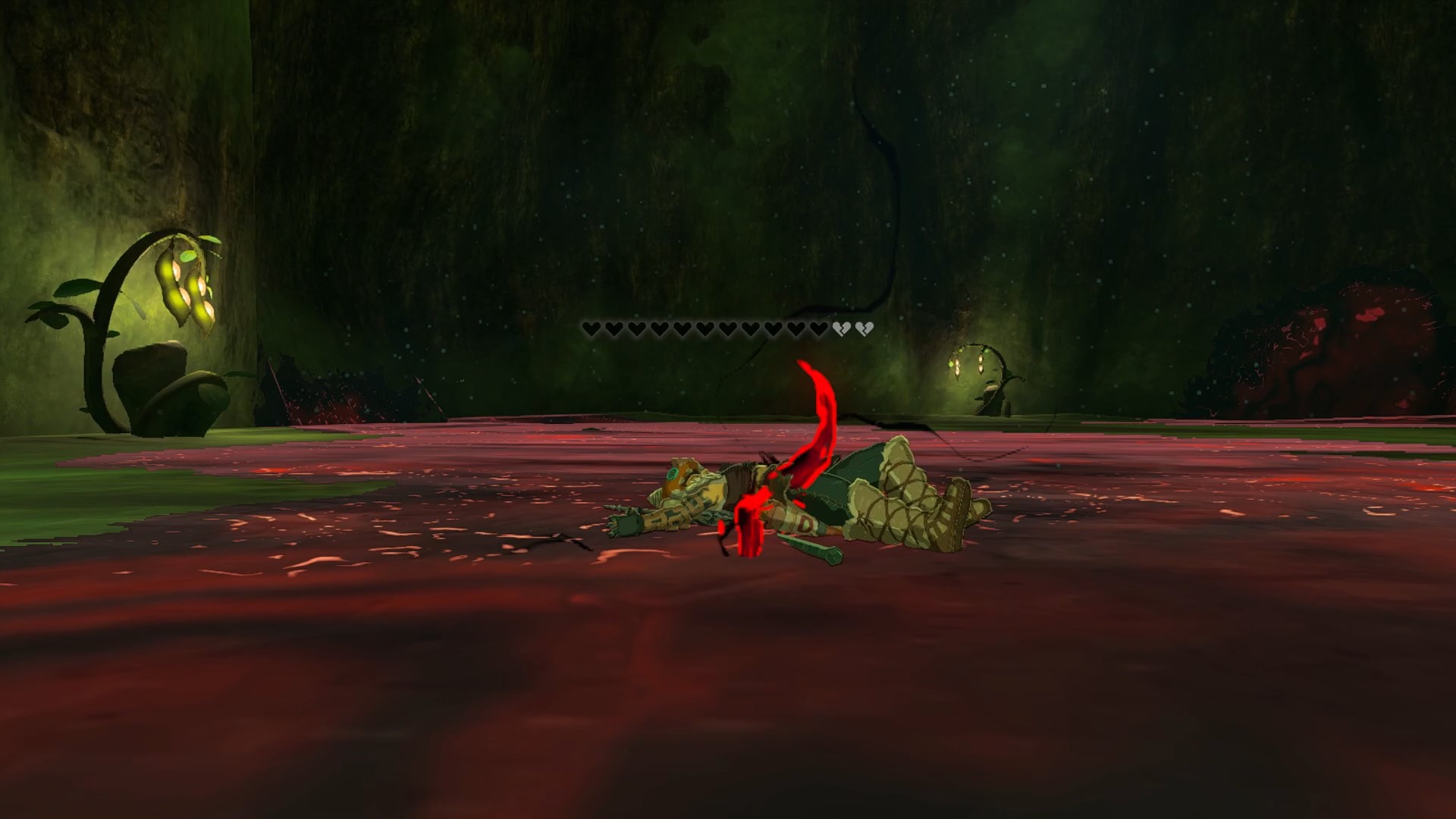 Link dead on top of gloom with depleted hearts in The Legend of Zelda: Tears of the Kingdom