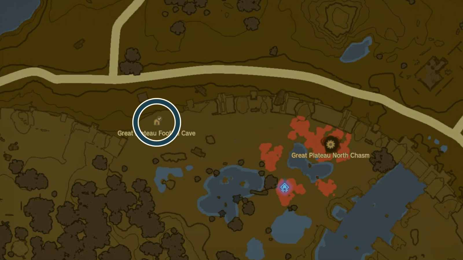 Great Plateau Foothill Cave location on the map of Hyrule in The Legend of Zelda: Tears of the Kingdom