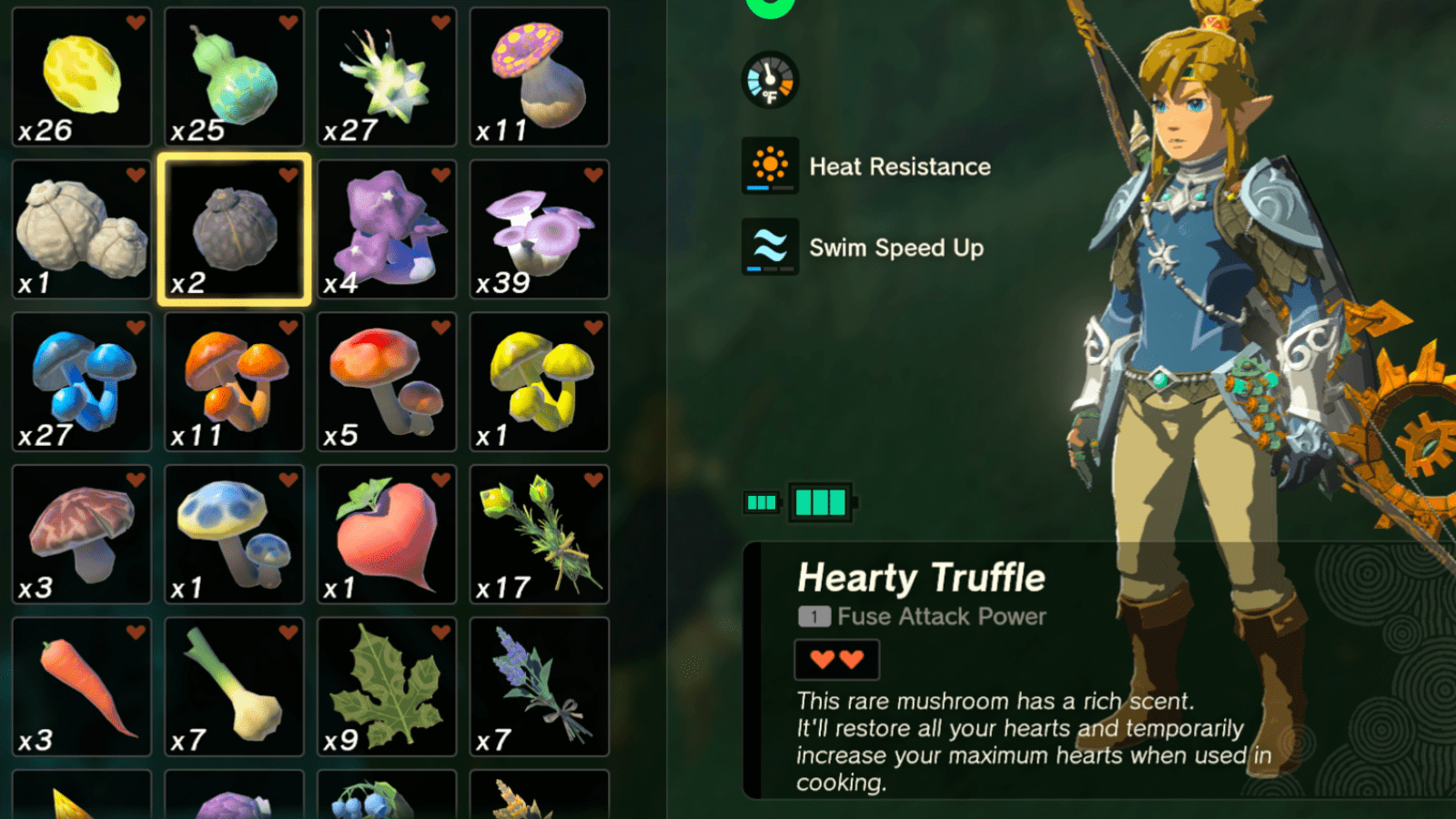 Hearty truffle material description in The Legend of Zelda: Tears of the Kingdom. “This rare mushroom has a rich scent. It’ll restore all your hearts and temporarily increase your maximum hearts when used in cooking.”