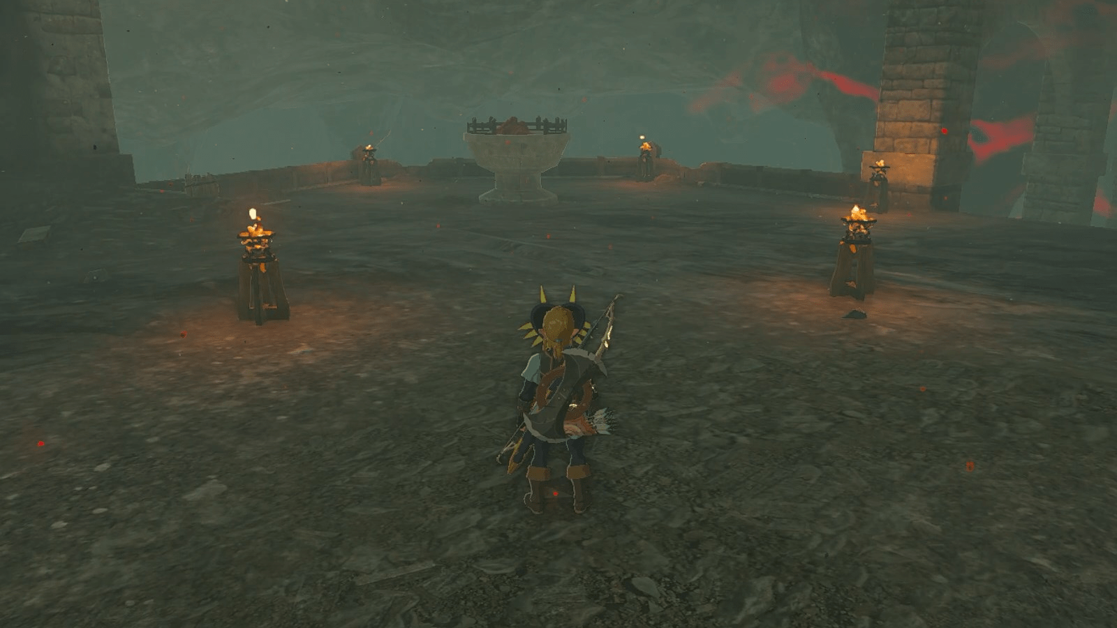 Braziers found under the Hyrule Castle at the docks. Five lit braziers and one larger unlit one in the center. Light the center one to get the Hylian Shield in The Legend of Zelda: Tears of the Kingdom