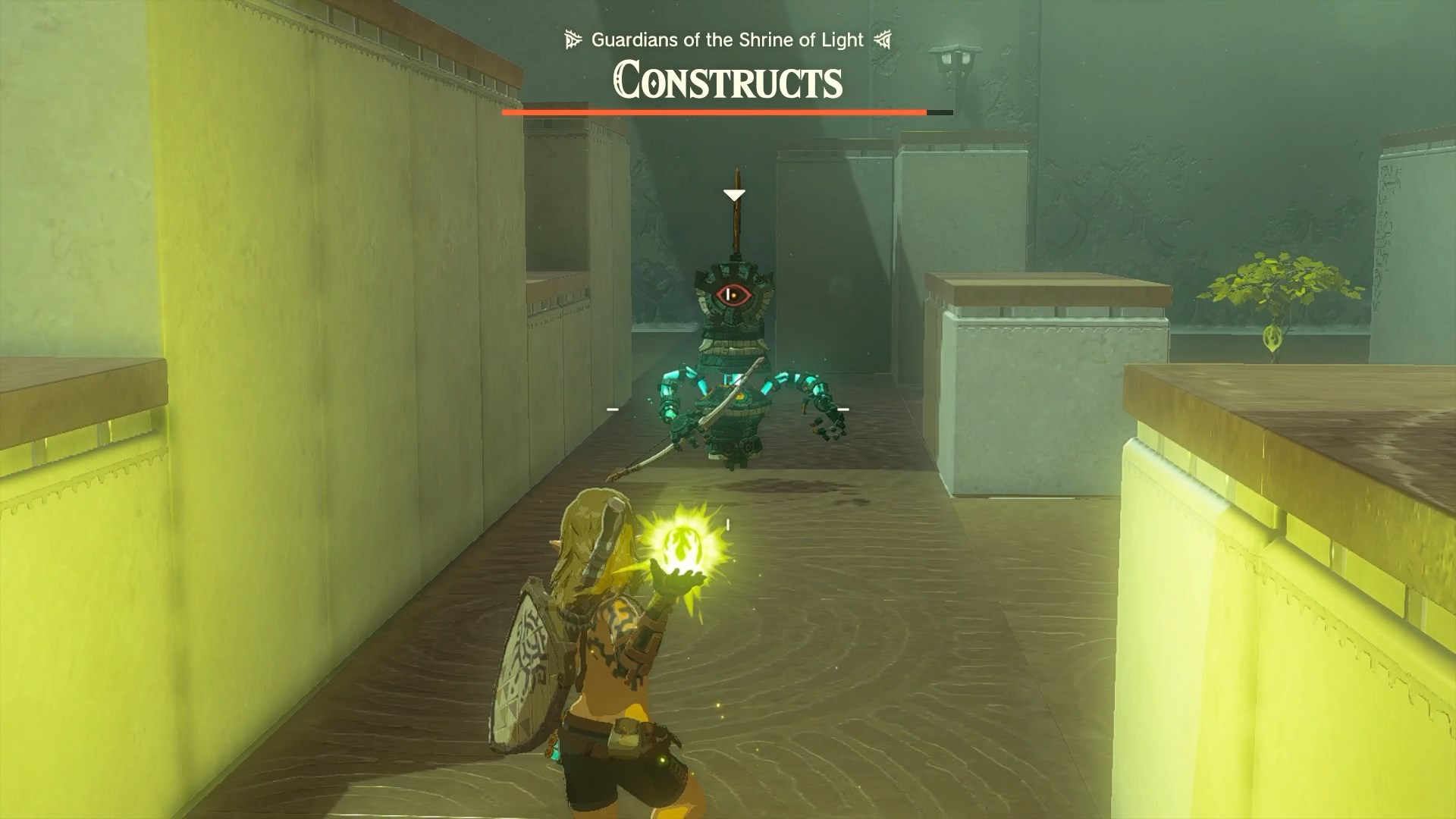 Naked Link getting ready to throw a shock fruit at a Construct holding a bow in the Joku-usin Shrine in The Legend of Zelda: Tears of the Kingdom.