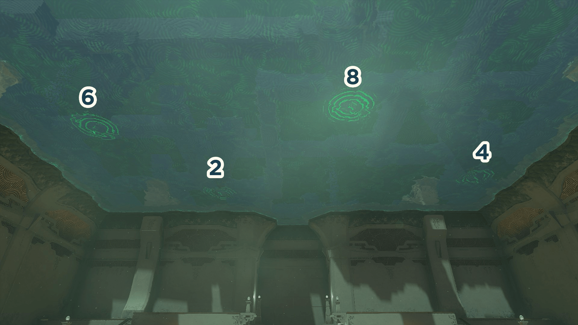 Four green circles on the ceiling of the Kyokugon Shrine in The Legend of Zelda: Tears of the Kingdom