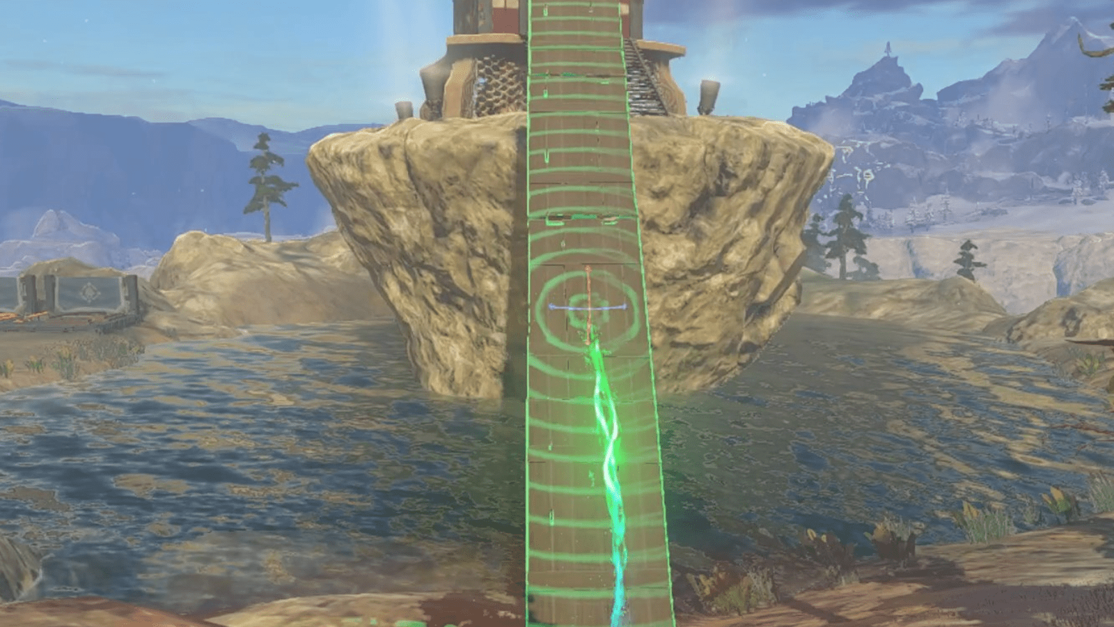 Lindor’s Brow Skyview Tower bridge built out of wooden planks from the Hudson Construction station nearby in The Legend of Zelda: Tears of the Kingdom