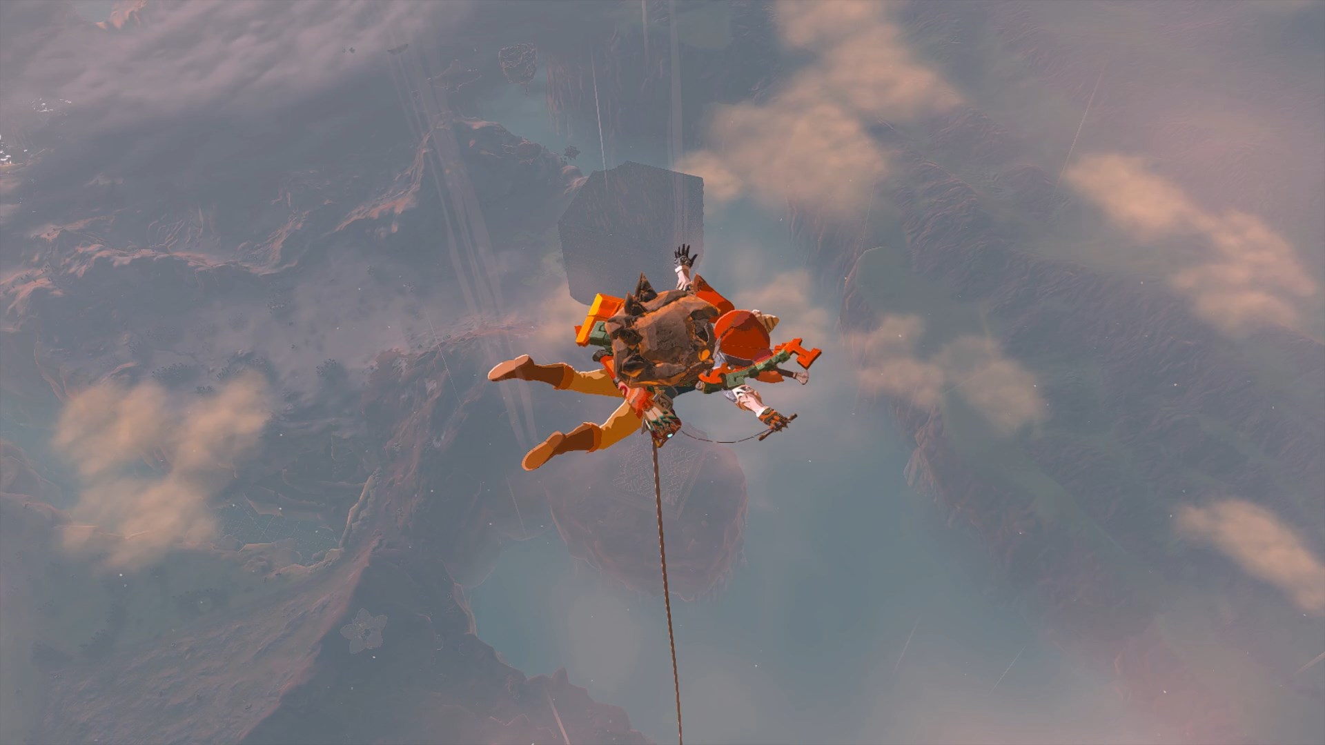 Link wearing a Bokoblin Mask diving from the sky after taking a Skyview Tower in The Legend of Zelda: Tears of the Kingdom