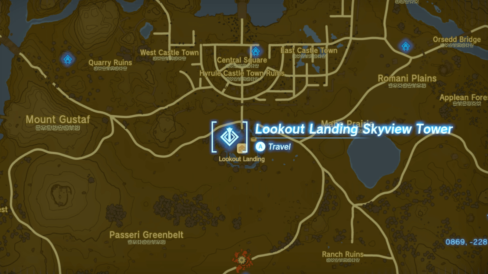 Lookout Landing Skyview Tower location on the map of The Legend of Zelda: Tears of the Kingdom