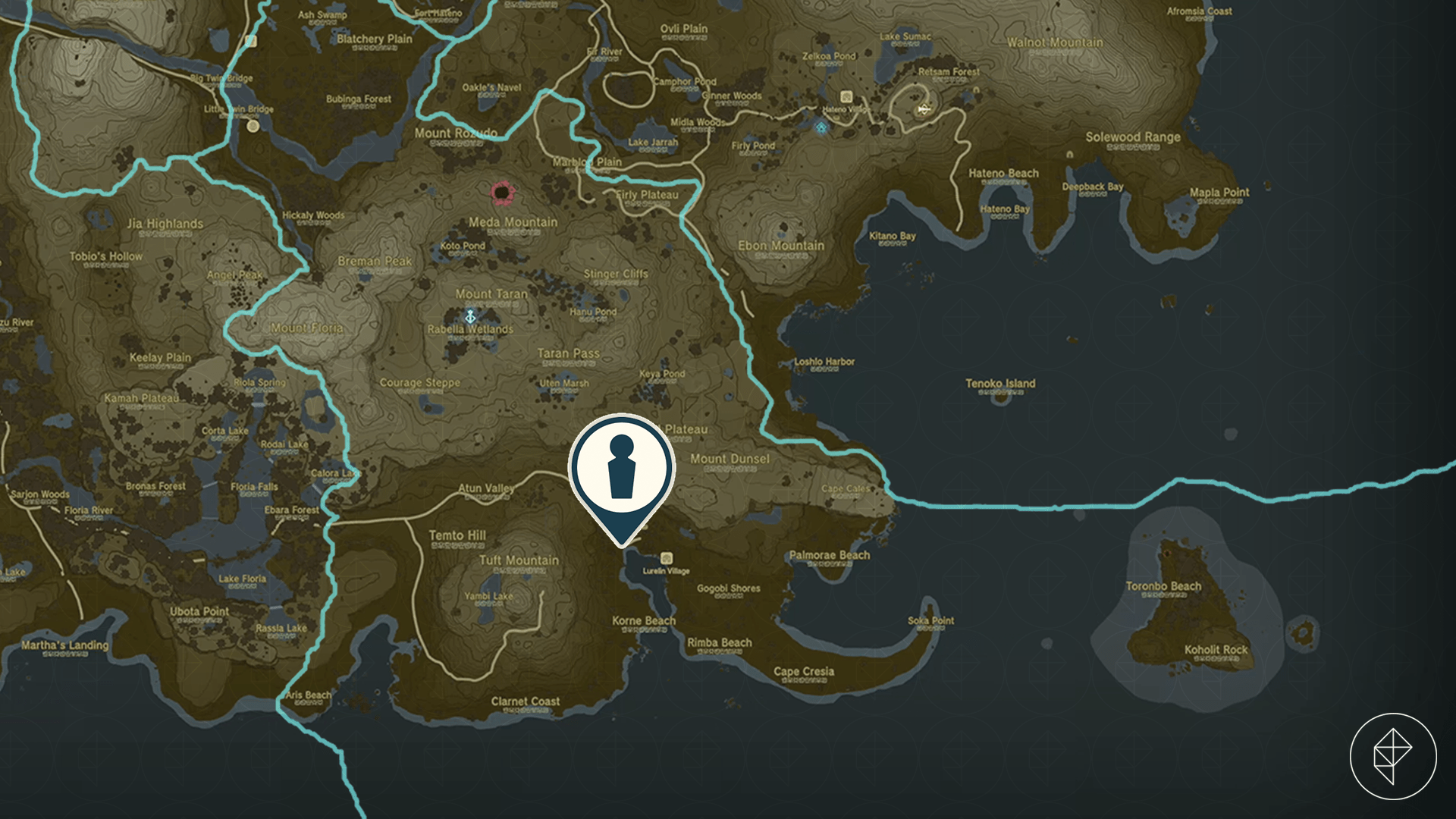 Bosnon’s location in the Lurelin Village marked on the map of Hyrule in The Legend of Zelda: Tears of the Kingdom.