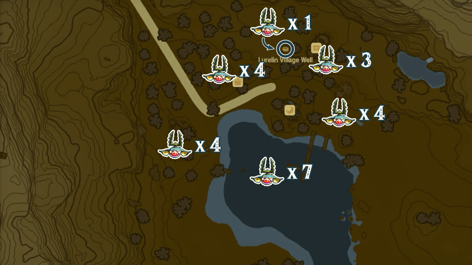 Enemy locations during the “Ruffian-infested Village” side adventure in The Legend of Zelda: Tears of the Kingdom