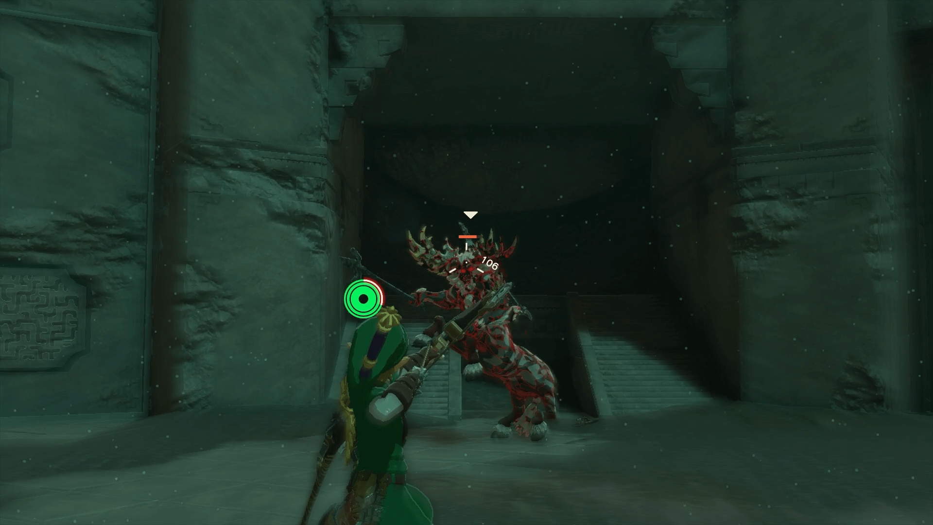 Link entering “bullet time,” the slow motion aiming mode while Link is airborne, while aiming at a Lynel in the Floating Coliseum, which is located in the Depths in The Legend of Zelda: Tears of the Kingdom.