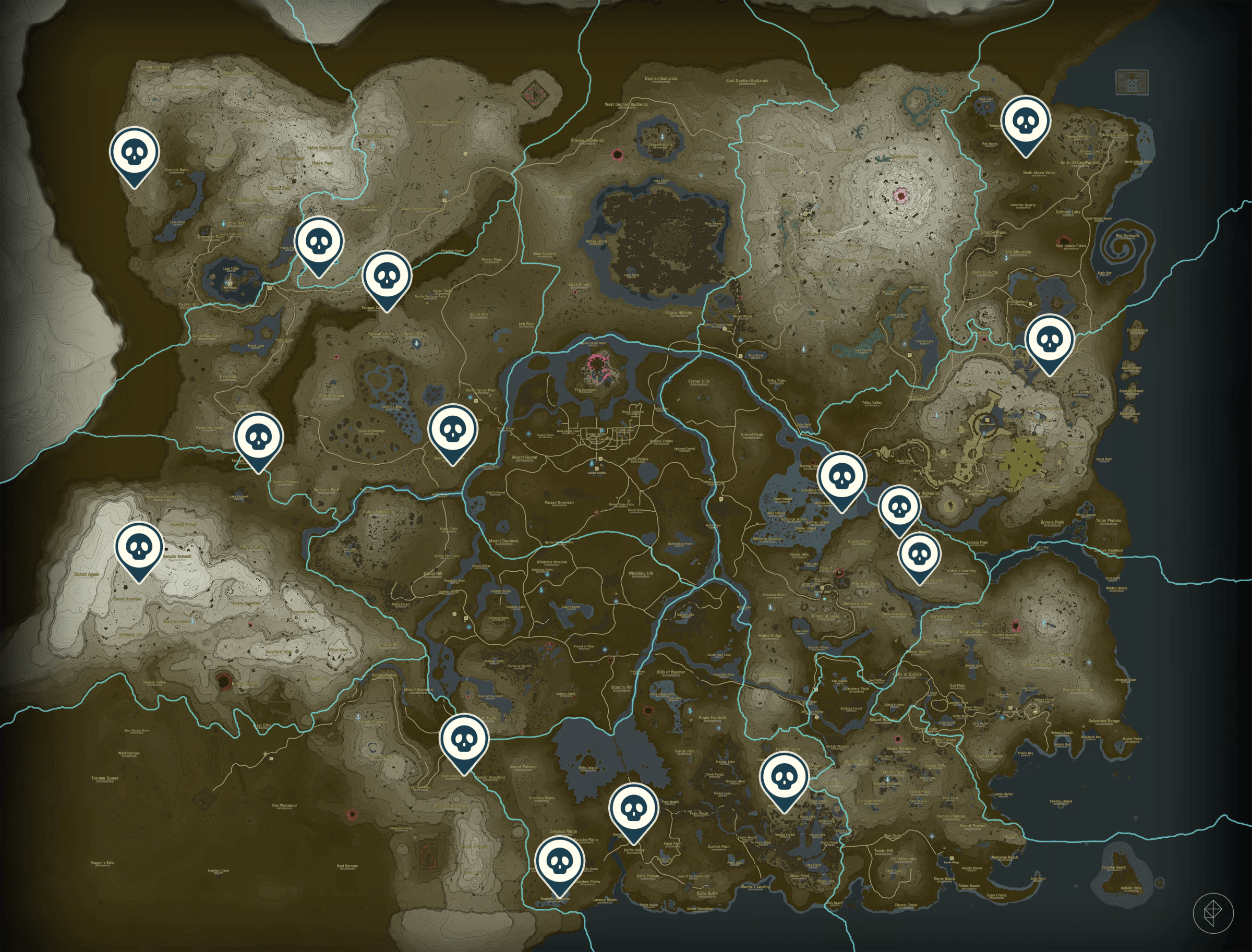 Map of the Lynel locations on the Surface of Hyrule in The Legend of Zelda: Tears of the Kingdom