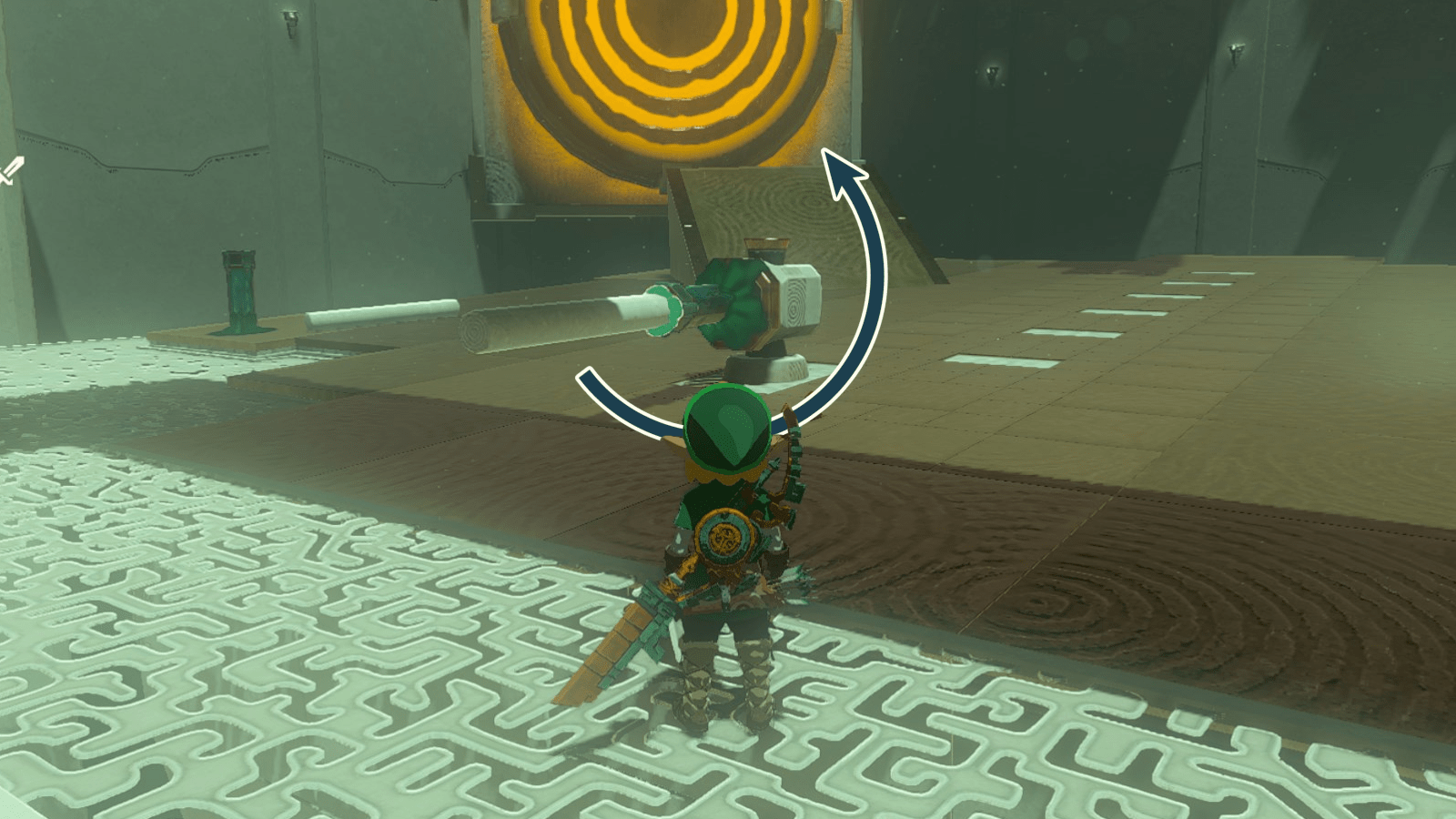 Link standing in front of a flipper, pin ball contraption in the Mayachin Shrine in Zelda: Tears of the Kingdom