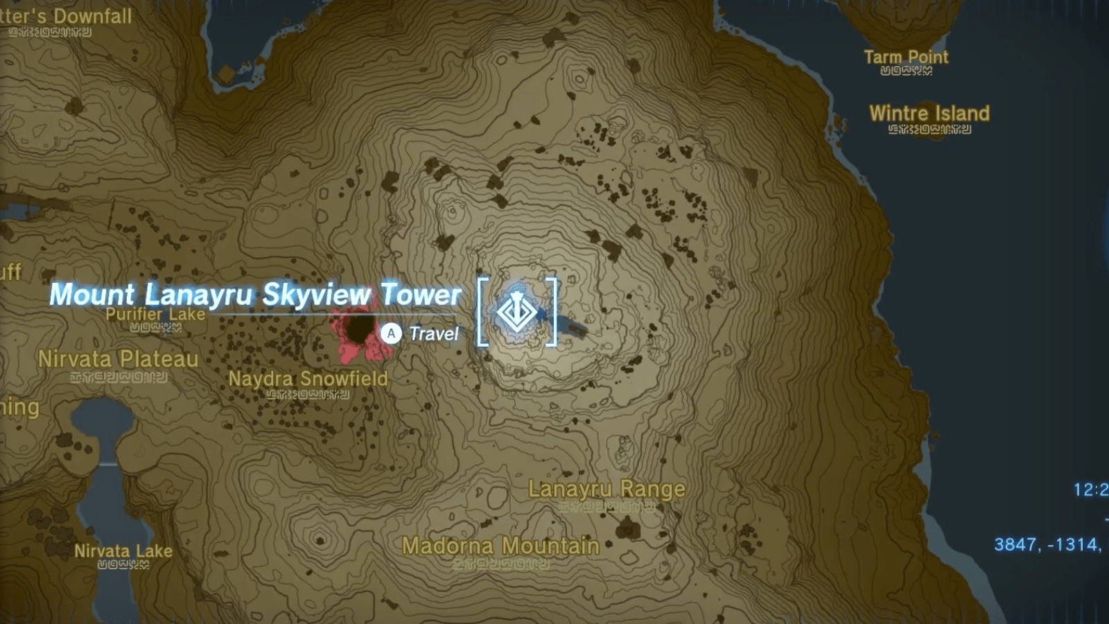 Mount Lanayru Skyview Tower location on the map of The Legend of Zelda: Tears of the Kingdom