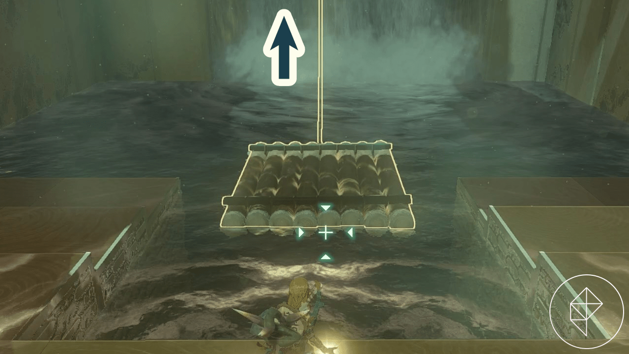 Link rewinding time on a raft that fell off of a waterfall in the Nachoyah Shrine in the Legend of Zelda Tears of the Kingdom