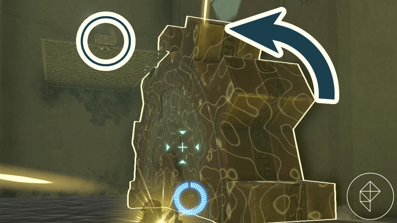 Link rewinding time on a cogwheel to reach a chest on a higher platform in the Nachoyah Shrine in The Legend of Zelda Tears of the Kingdom