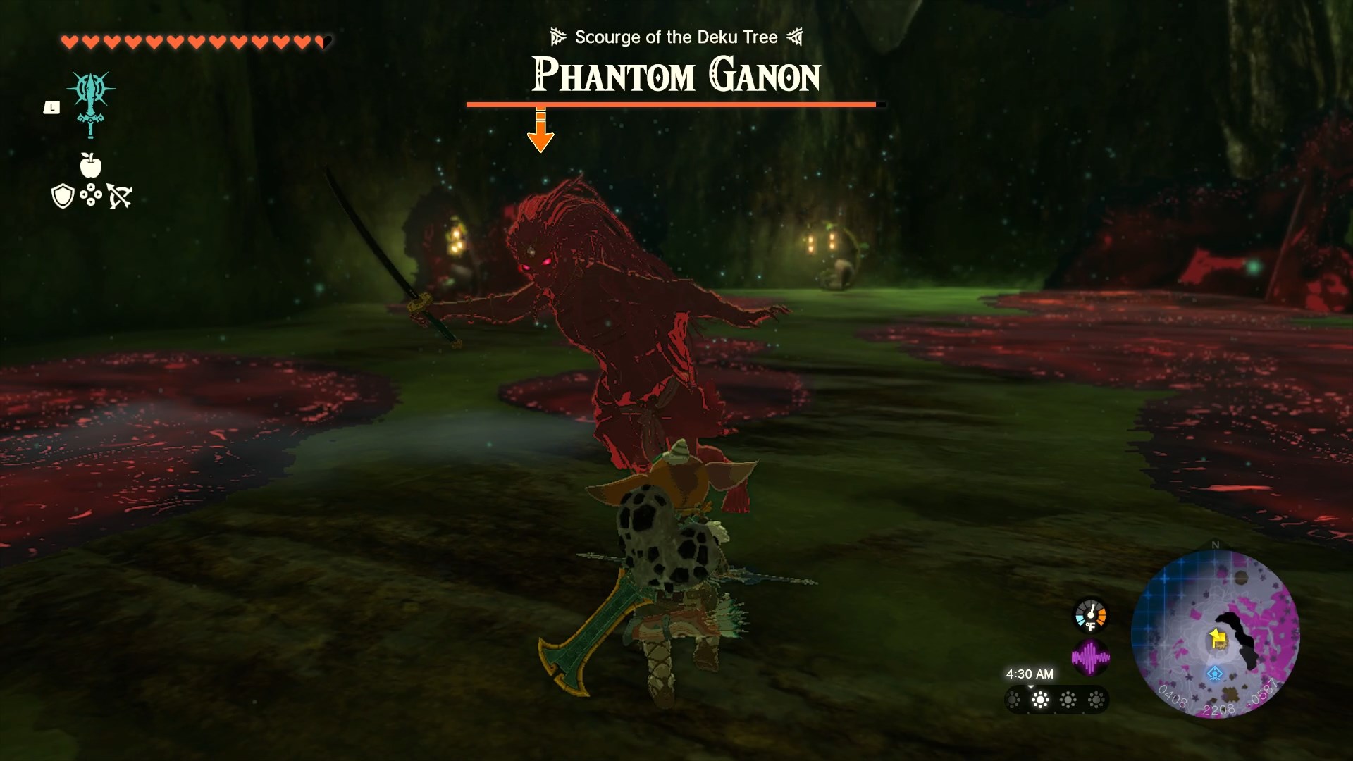 Phantom Ganon swinging a sword at Link at the bottom of the Deku Tree Chasm in The Legend of Zelda: Tears of the Kingdom