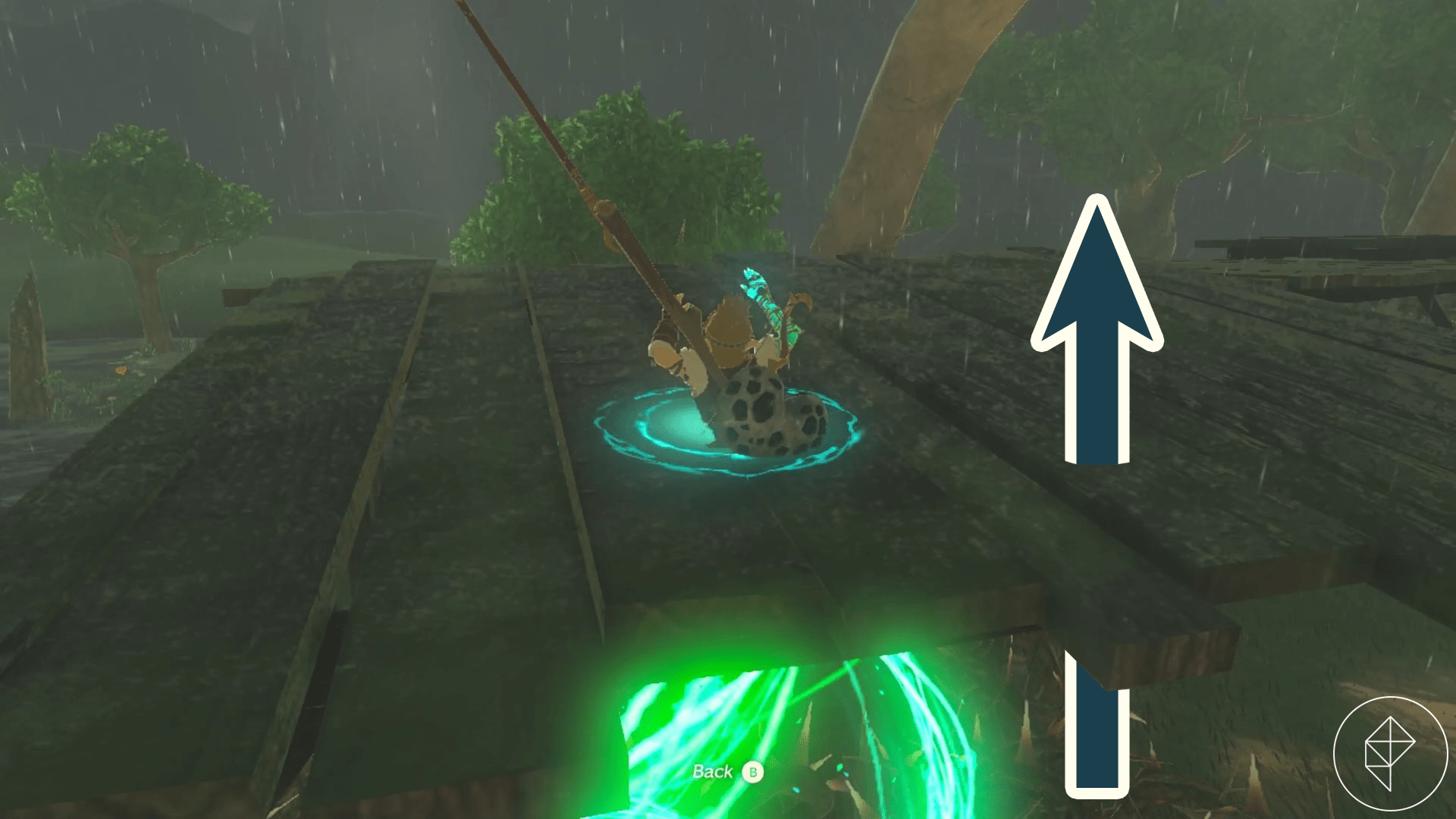 Link uses Ascend to go through the wooden scaffolding at the Rabella Wetlands Skyview Tower in The Legend of Zelda: Tears of the Kingdom