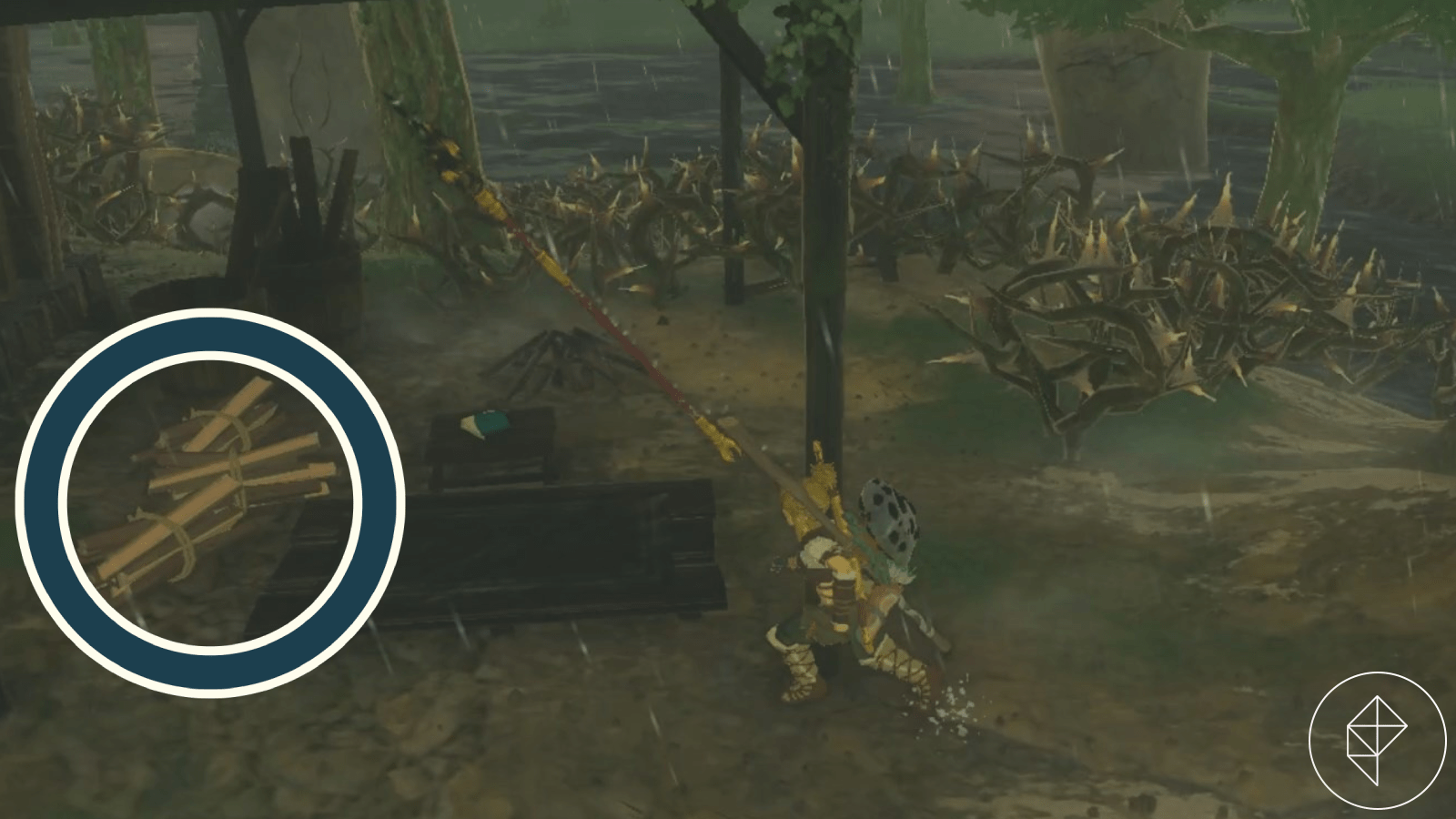Link walks towards a bundle of wood, which is circled, at the Rabella Wetlands Skyview Tower in The Legend of Zelda: Tears of the Kingdom
