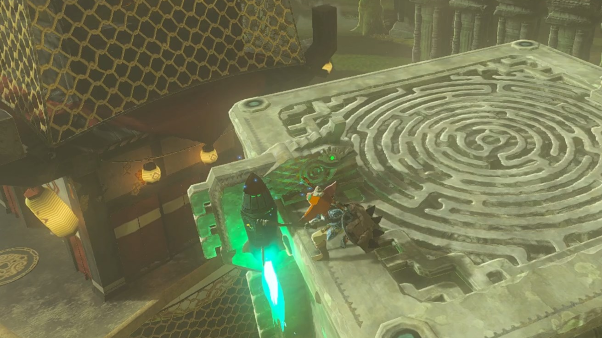 Link using a rocket on a platform to launch into the air in The Legend of Zelda: Tears of the Kingdom