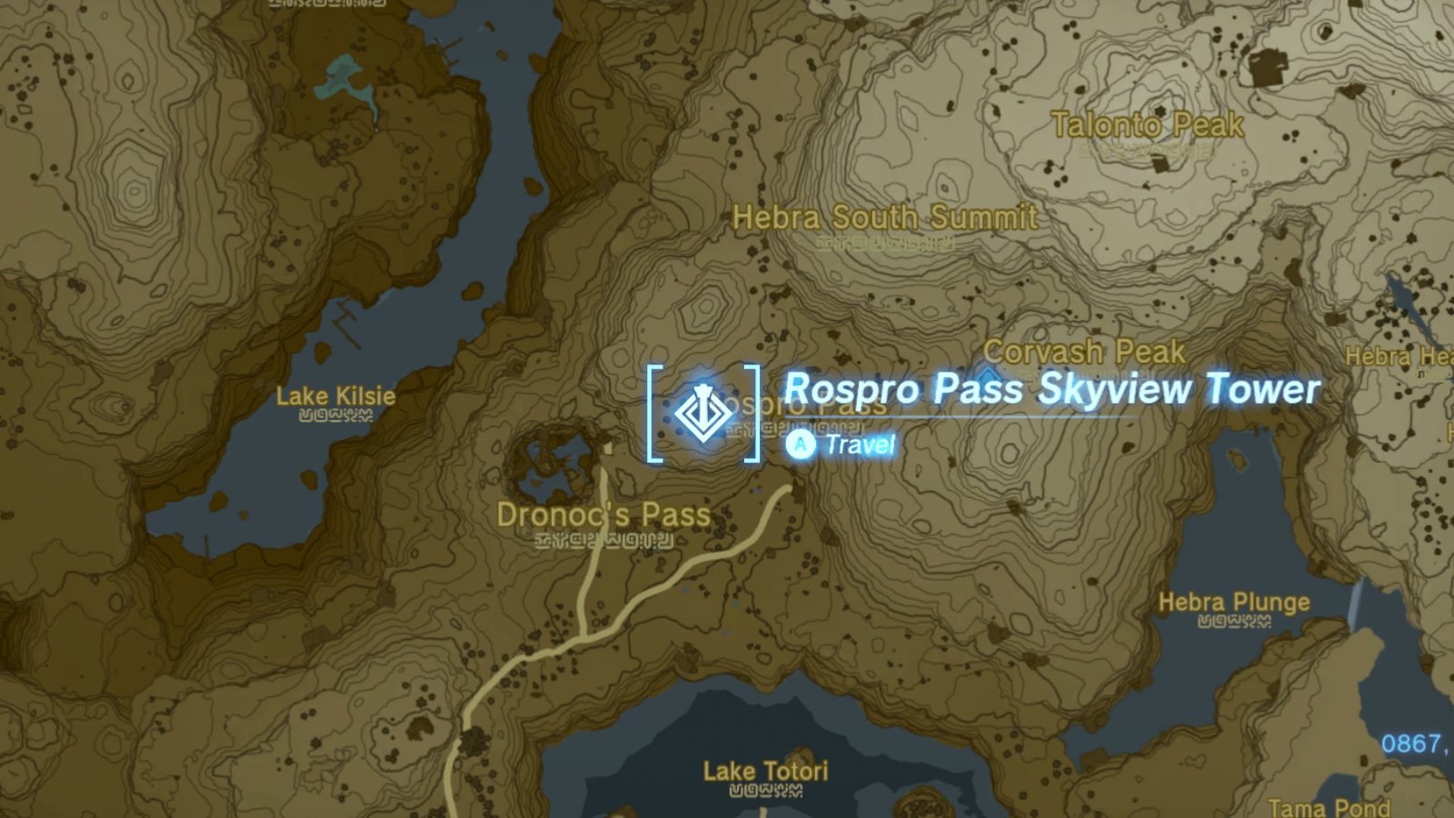 Rospro Pass Skyview Tower location on the map in The Legend of Zelda: Tears of the Kingdom