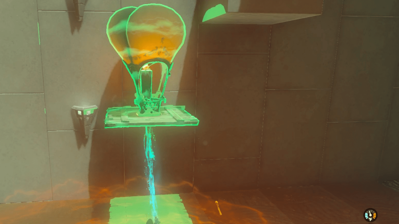 Hot air balloon contraption moved from underneath a platform in the Sinakawak Shrine in the Legend of Zelda: Tears of the Kingdom