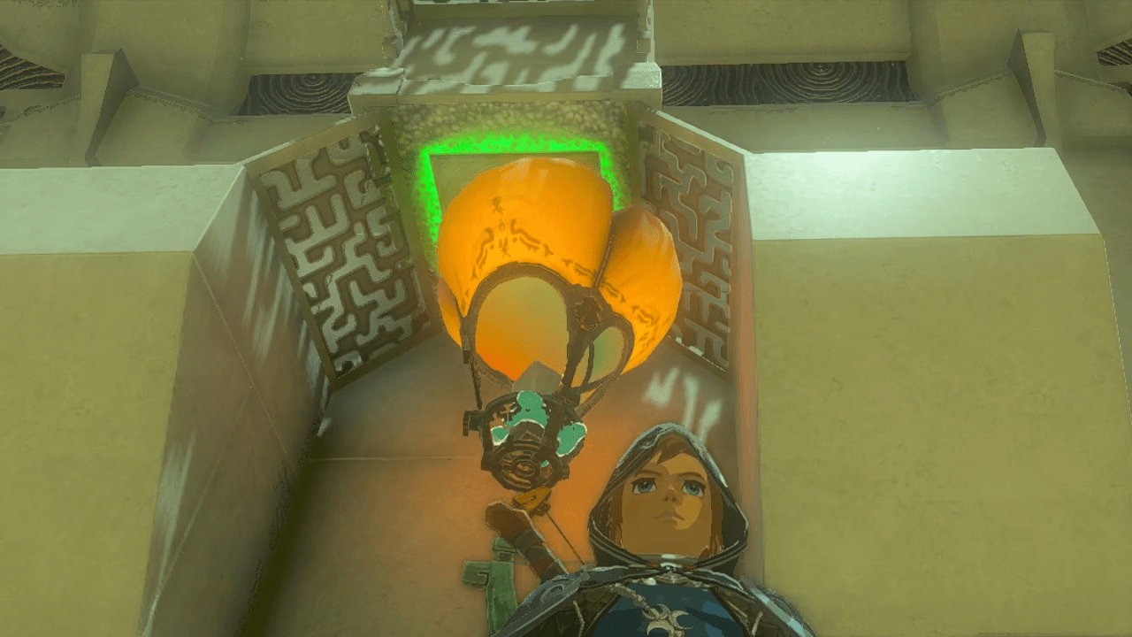 Link standing beside a hot air balloon activating a switch in the Sinakawak Shrine in the Legend of Zelda Tears of the Kingdom