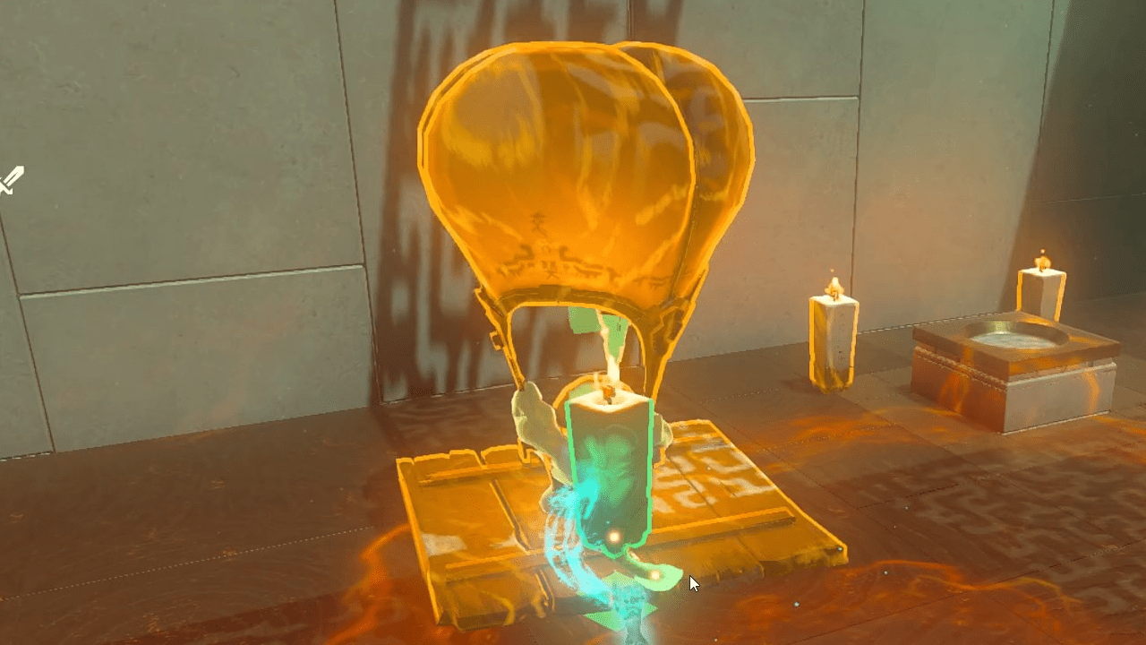 A hot air balloon holding a small ball and a torch in the Sinakawak Shrine in The Legend of Zelda: Tears of the Kingdom