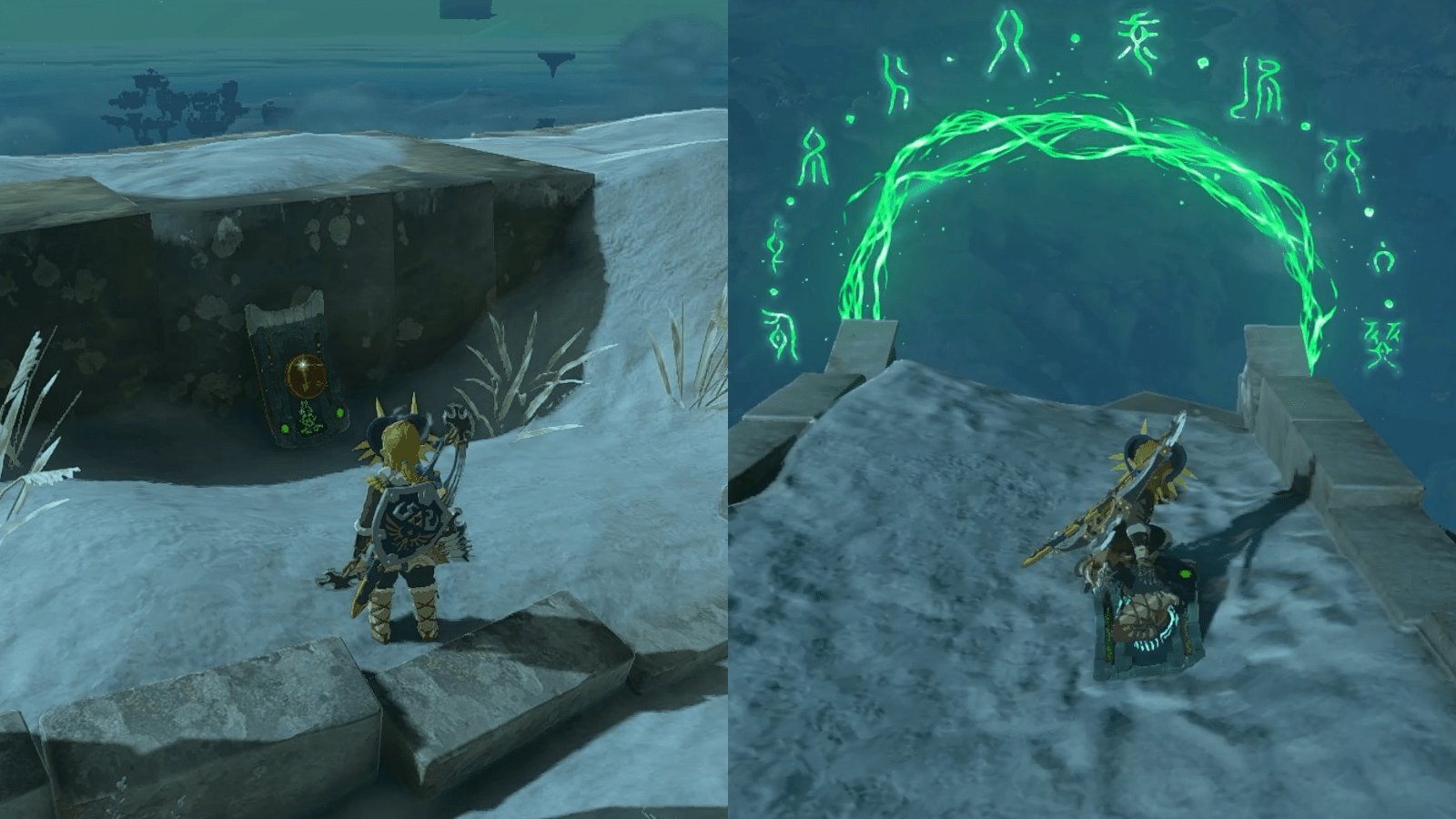 Link finding a sled shield on the Sky Island above Mount Lanayru Skyview Tower, and riding it through light rings during the “The High Spring and Light Rings” Shrine Quest in the Legend of Zelda: Tears of the Kingdom.