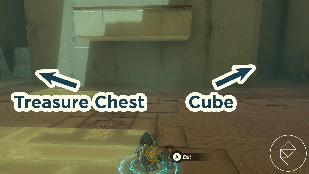Link halfway through the floor after using Ascend with arrows showing the locations of key items in the Sonapan Shrine and The Legend of Zelda Tears of the Kingdom