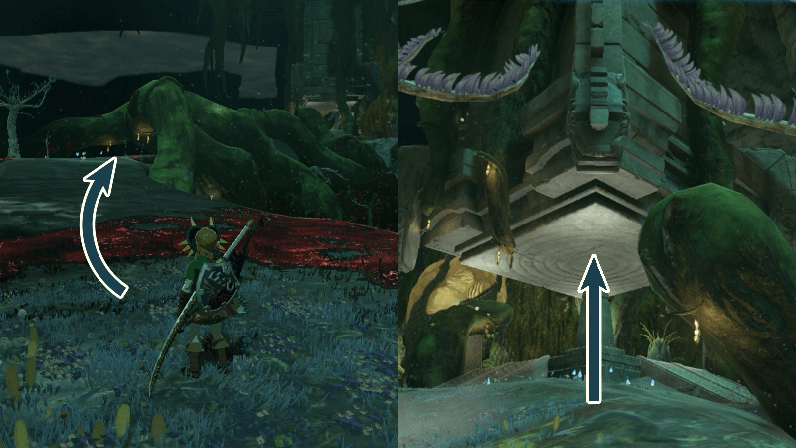 Path leading to the stone pillar and Rikonasum Lightroot in the Depths in the Legend of Zelda: Tears of the Kingdom.
