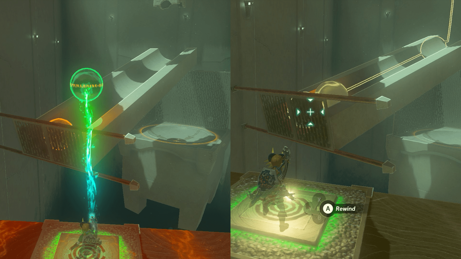Link using Ultrahand to place a stone ball behind another ball on top of a ramp, and then Link uses Recall on the ball closest to the bottom of the ramp in the Tauyosipun Shrine in the Legend of Zelda: Tears of the Kingdom.